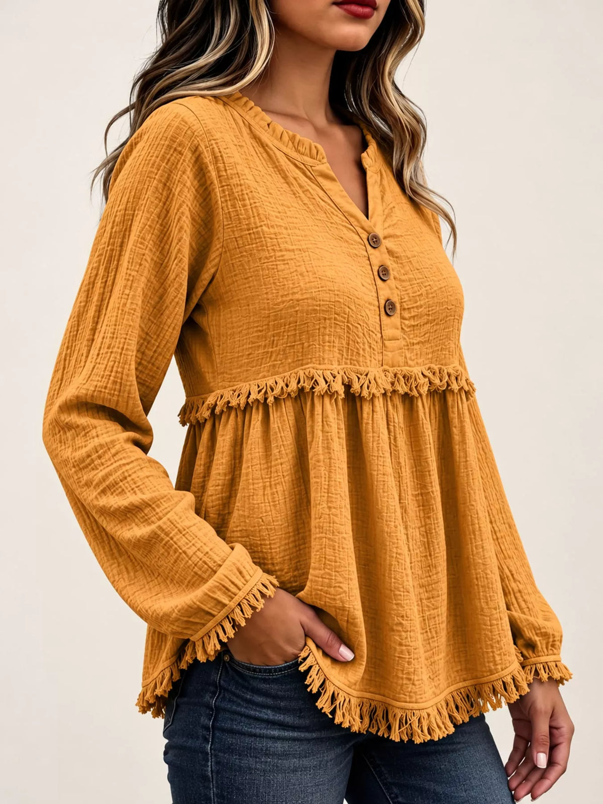 Frayed-hem blouse, mustard side