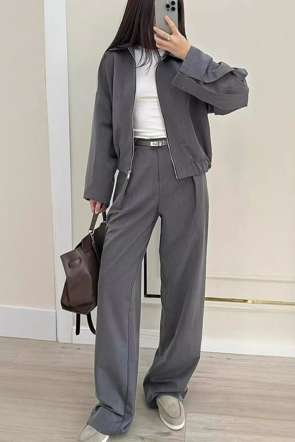 Trendsi Zip-Up Jacket and Wide-Leg Pants Set -