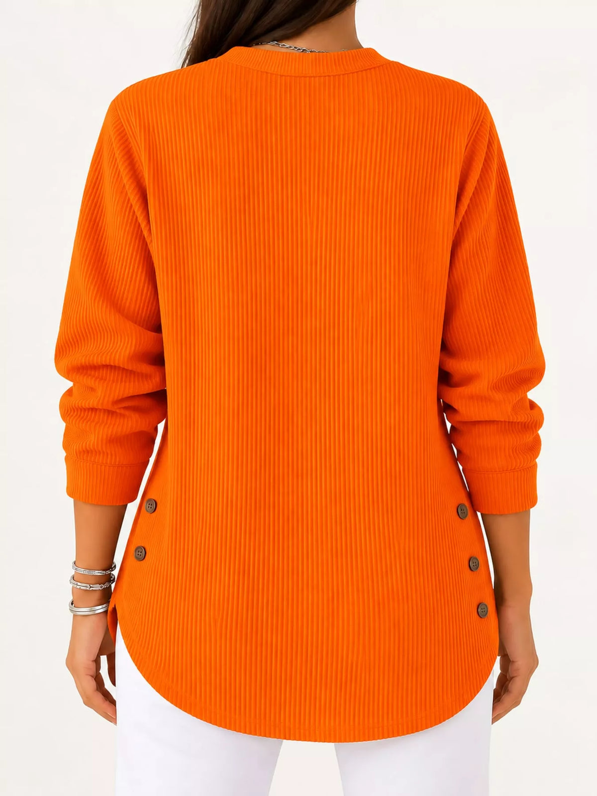 Orange button detail long sleeve top, back view
