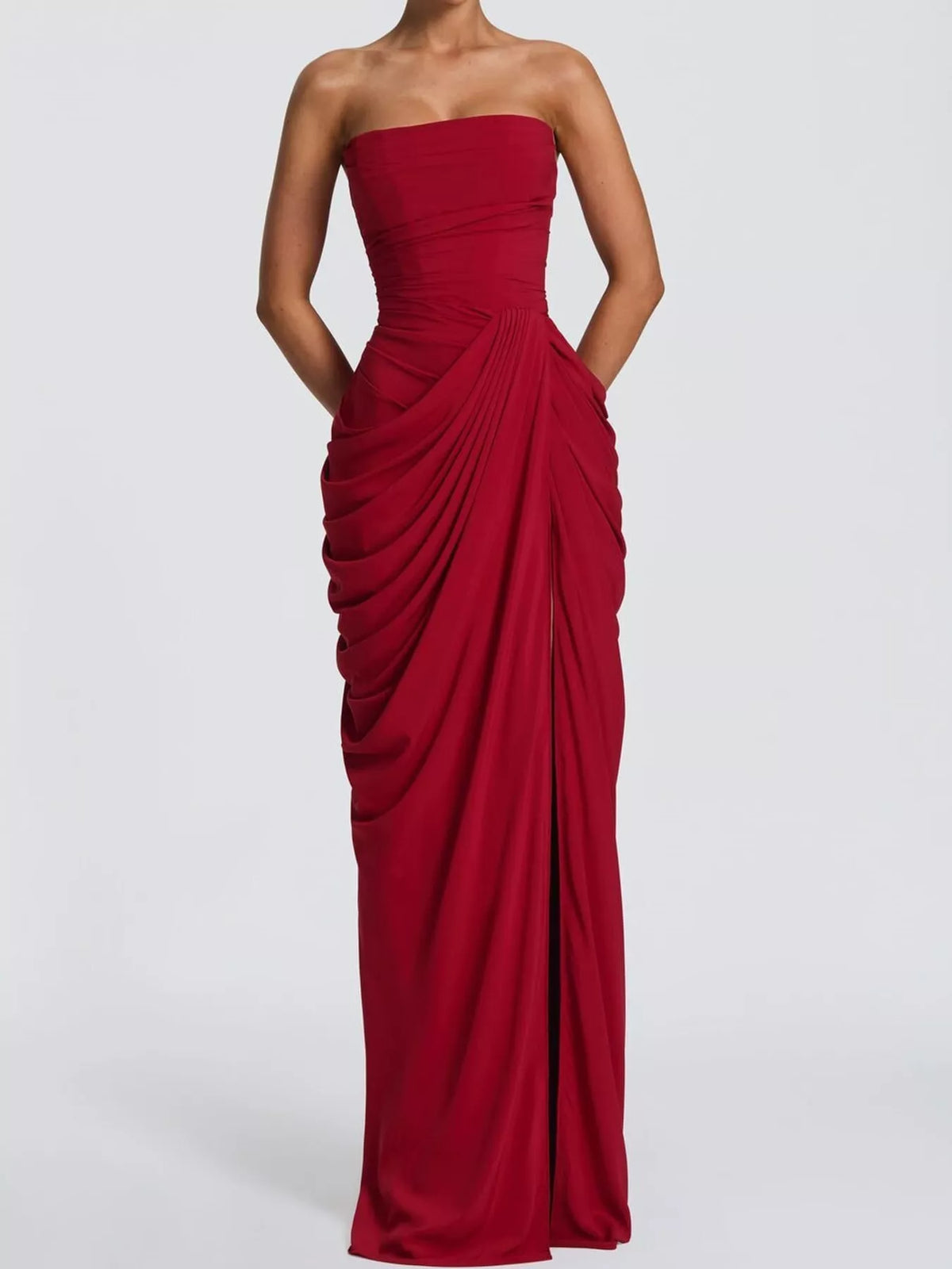 Red strapless ruched high-slit evening dress
