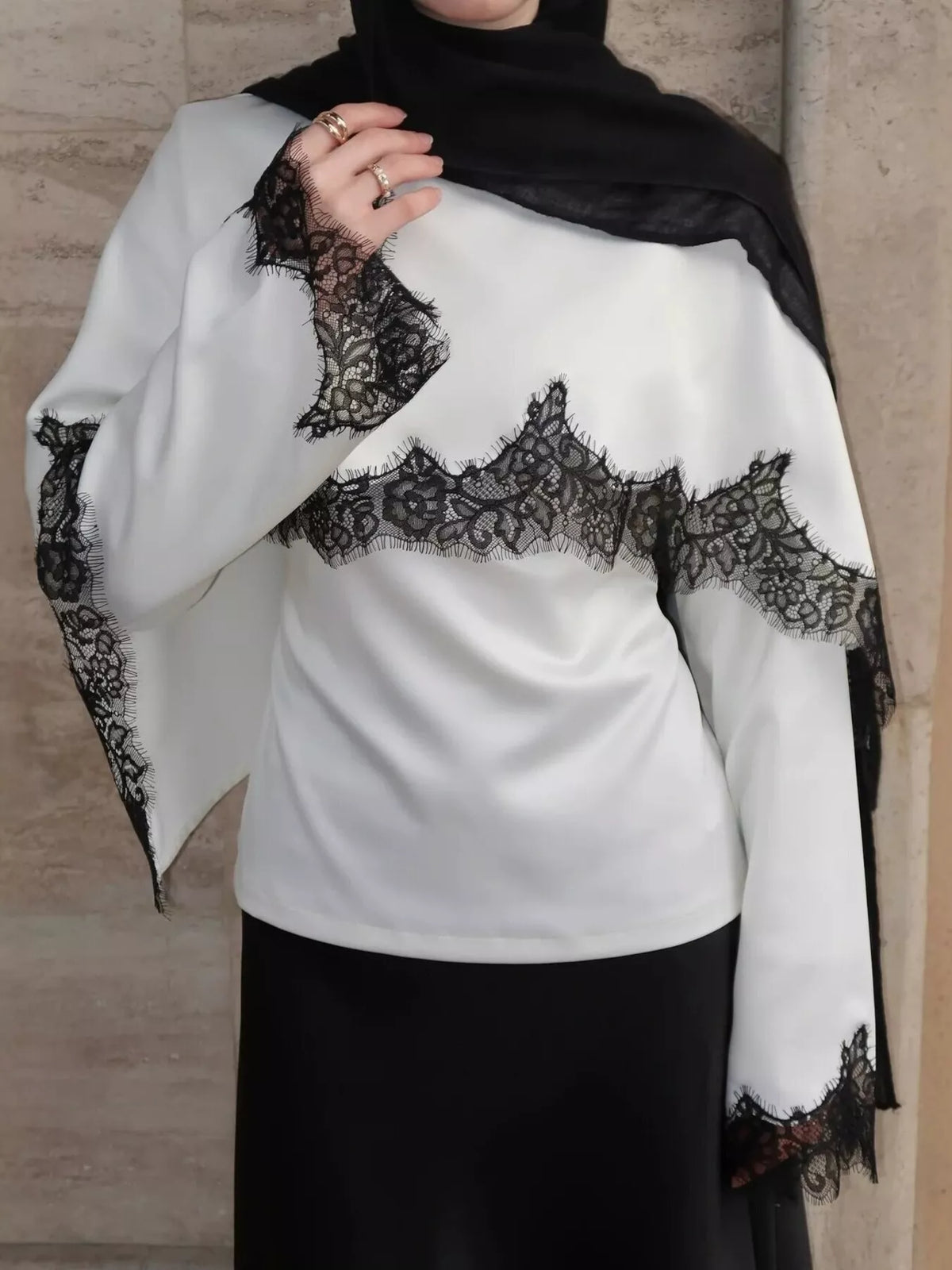 Round neck long sleeve blouse, front view on model