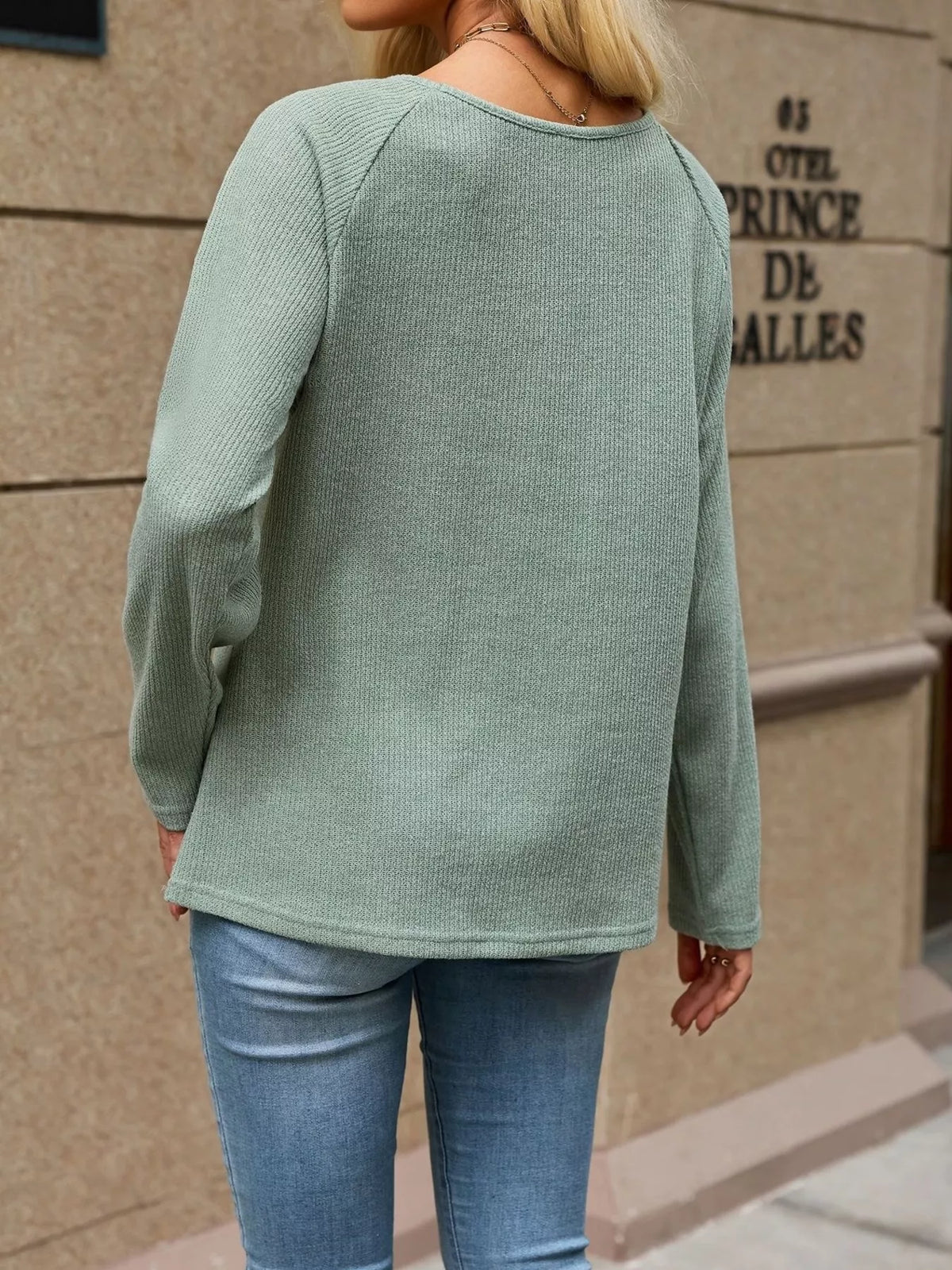 Trendsi Ribbed Knit Raglan Sleeve T-Shirt -