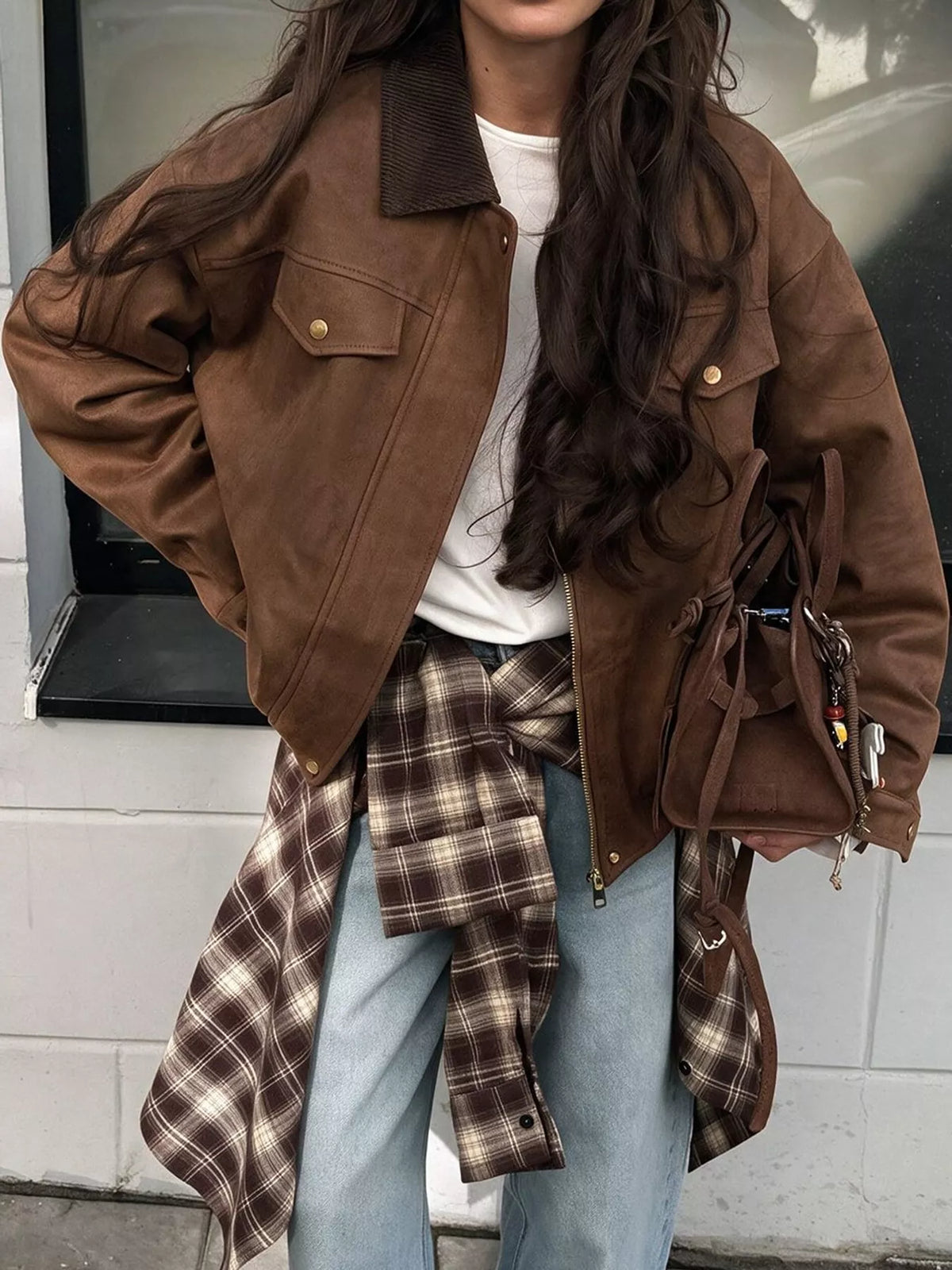 Brown zip-up dropped shoulder jacket — front view