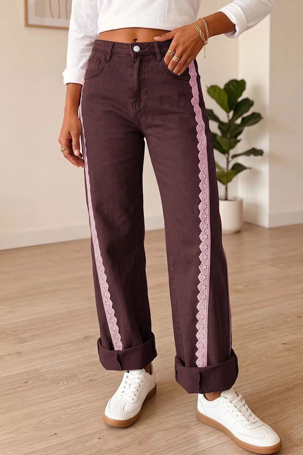 Trendsi Lace Trim Casual Full-Length Regular Fit Jeans -