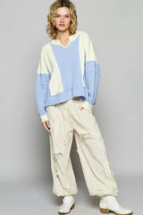Trendsi POL Color Block Waffle Knit Raw Hem Sweatshirt -