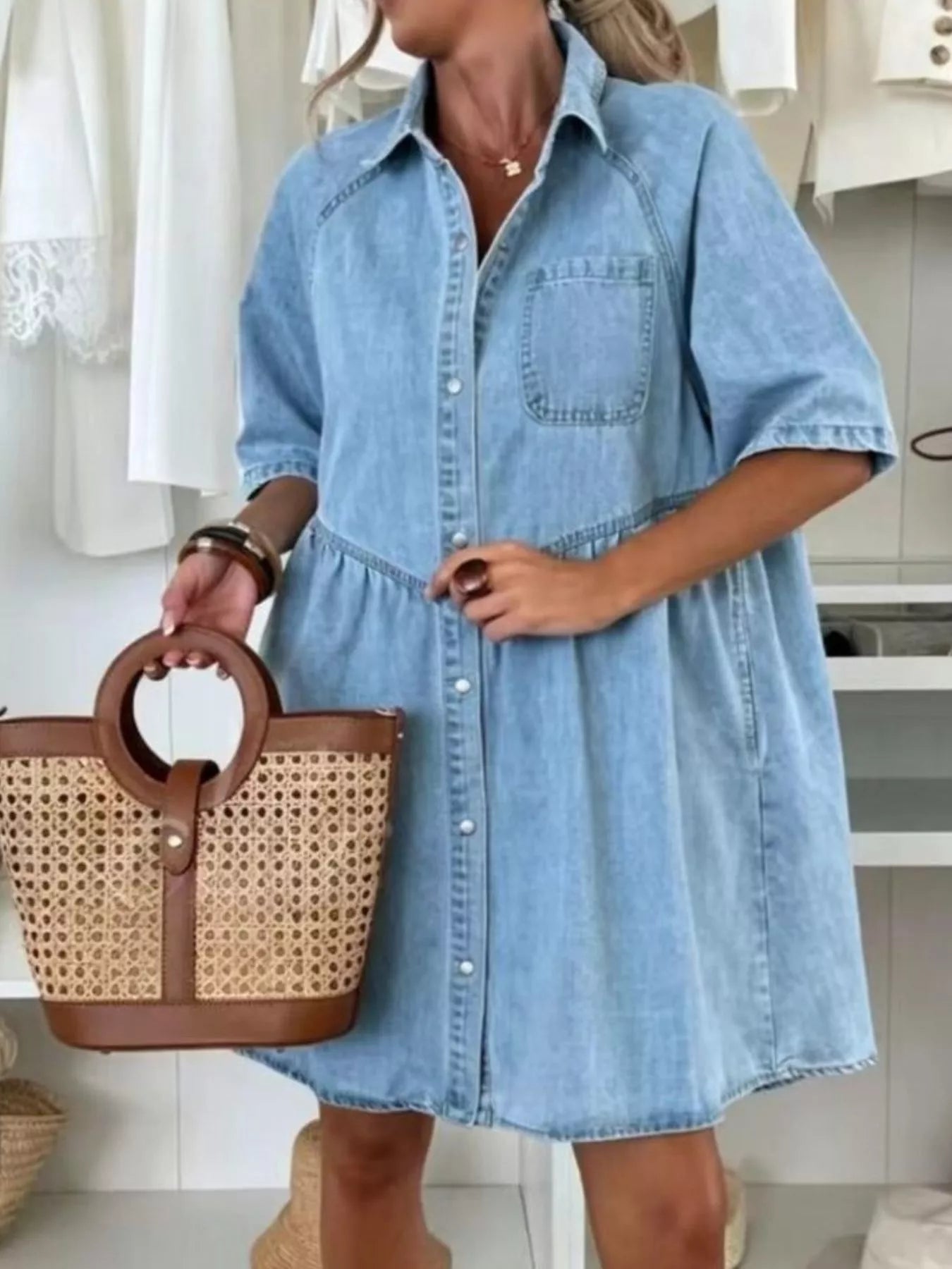 Trendsi Button Up Denim Shirt Dress -