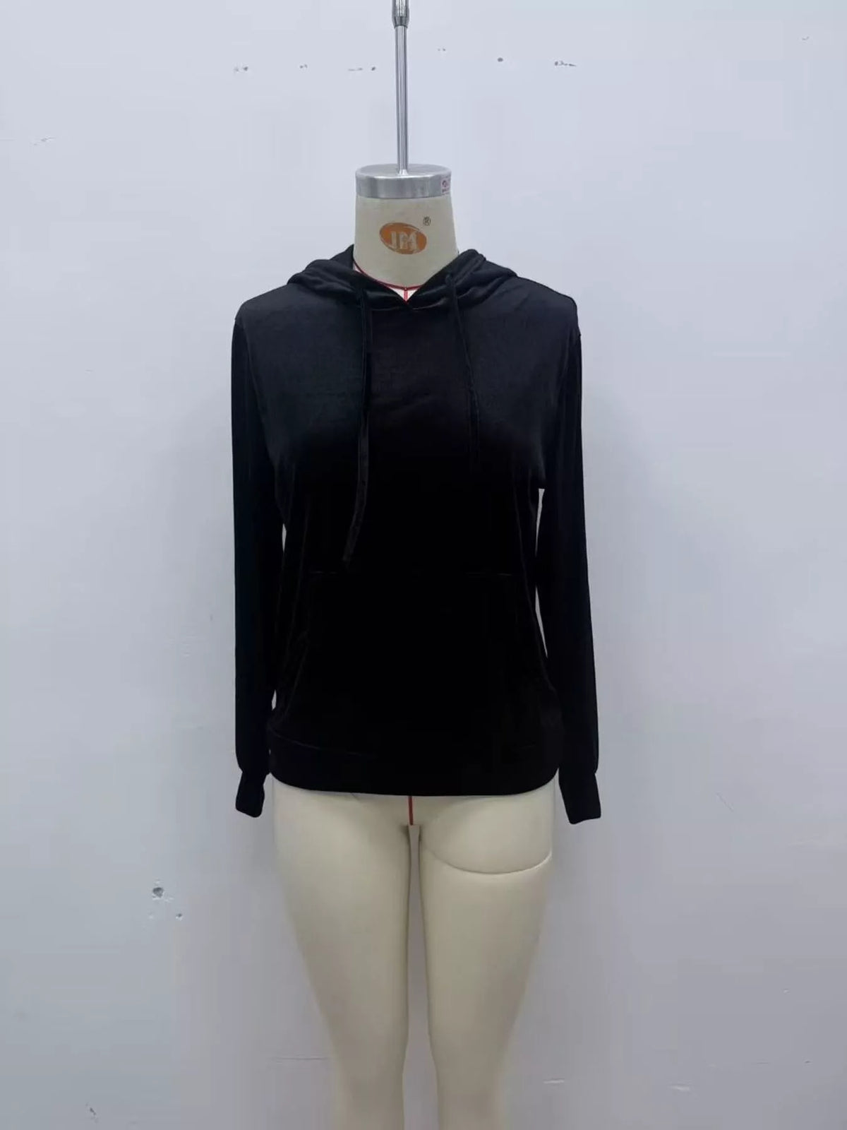 Women's Velvet Kangaroo Pocket Hoodie in Black, alternate view