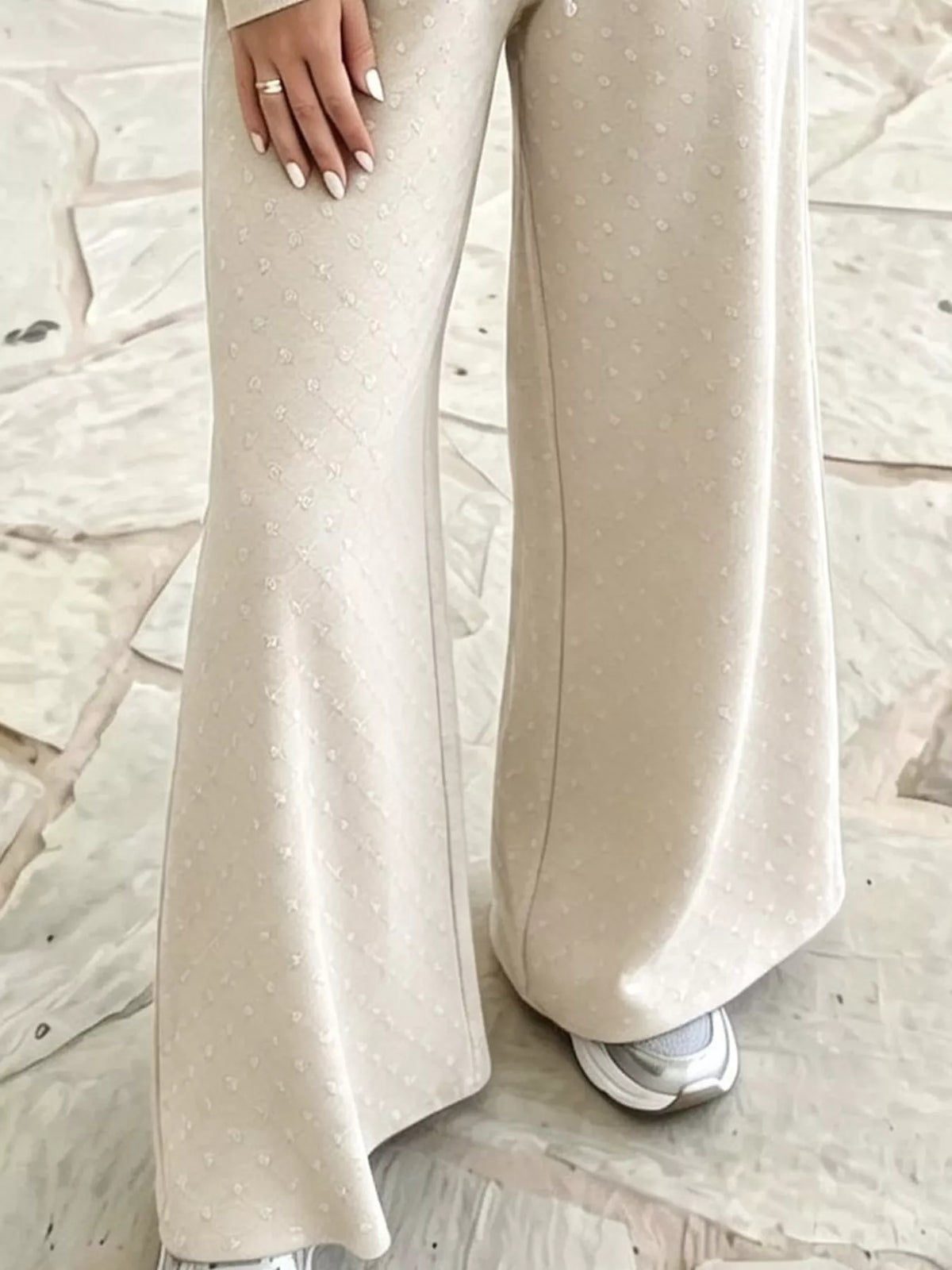 Beige swiss dot crop top and wide-leg pants set — design and construction details