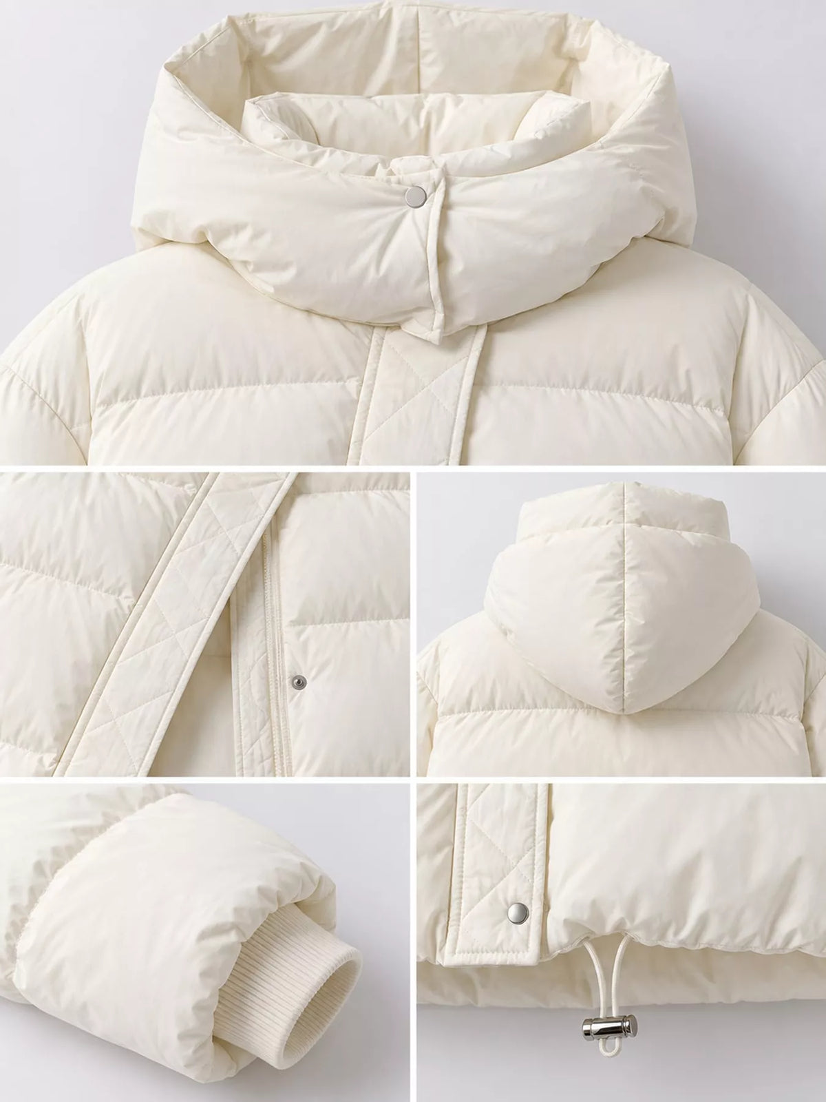 Cream quilted hooded puffer jacket, hood, cuff and hem collage