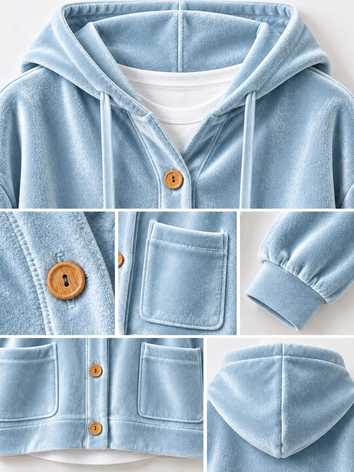 Light blue velvet dropped shoulder hoodie, detail view