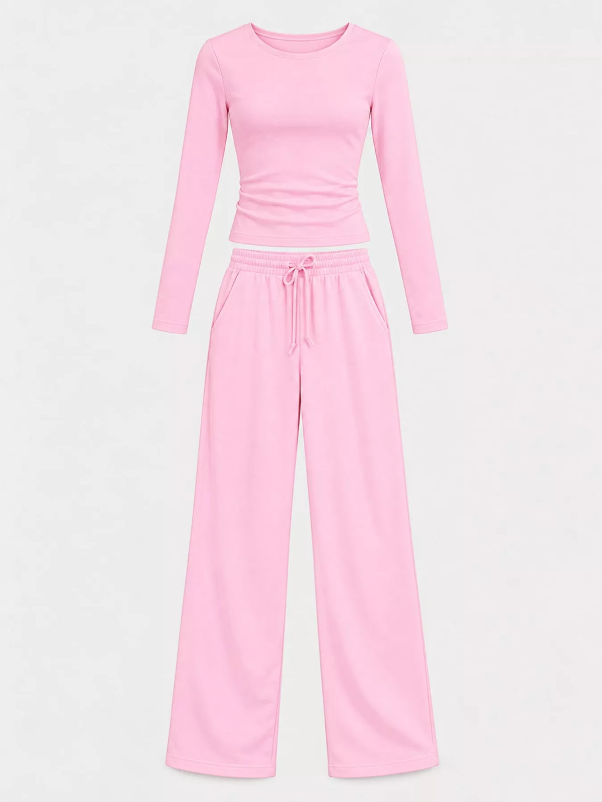 Long Sleeve Top and Wide-Leg Drawstring Pants Set — garment front