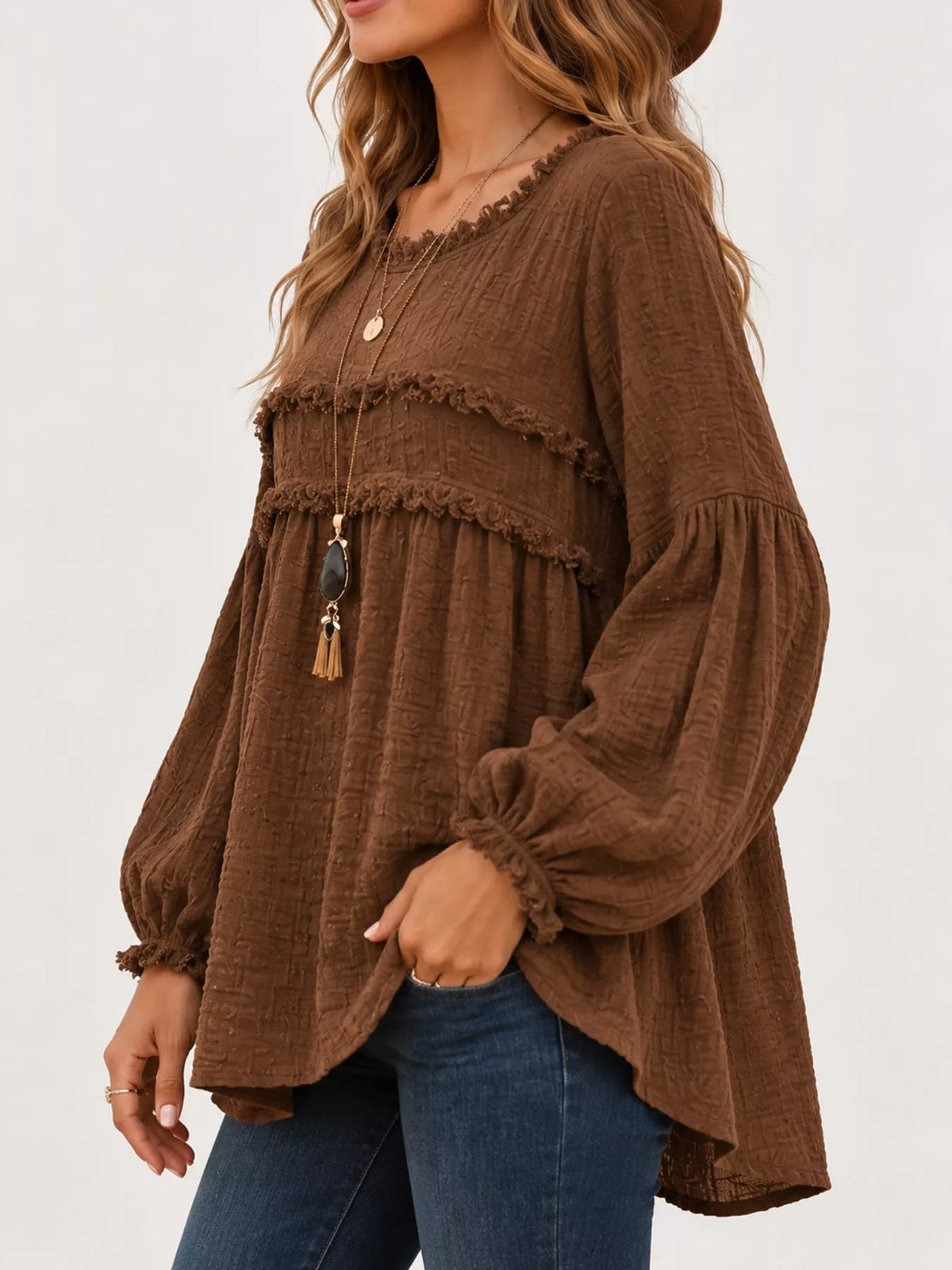 Brown textured frayed-trim peplum blouse