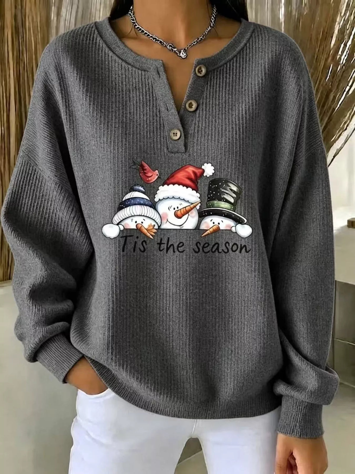 Snowman graphic ribbed Henley sweatshirt in dark gray, front view