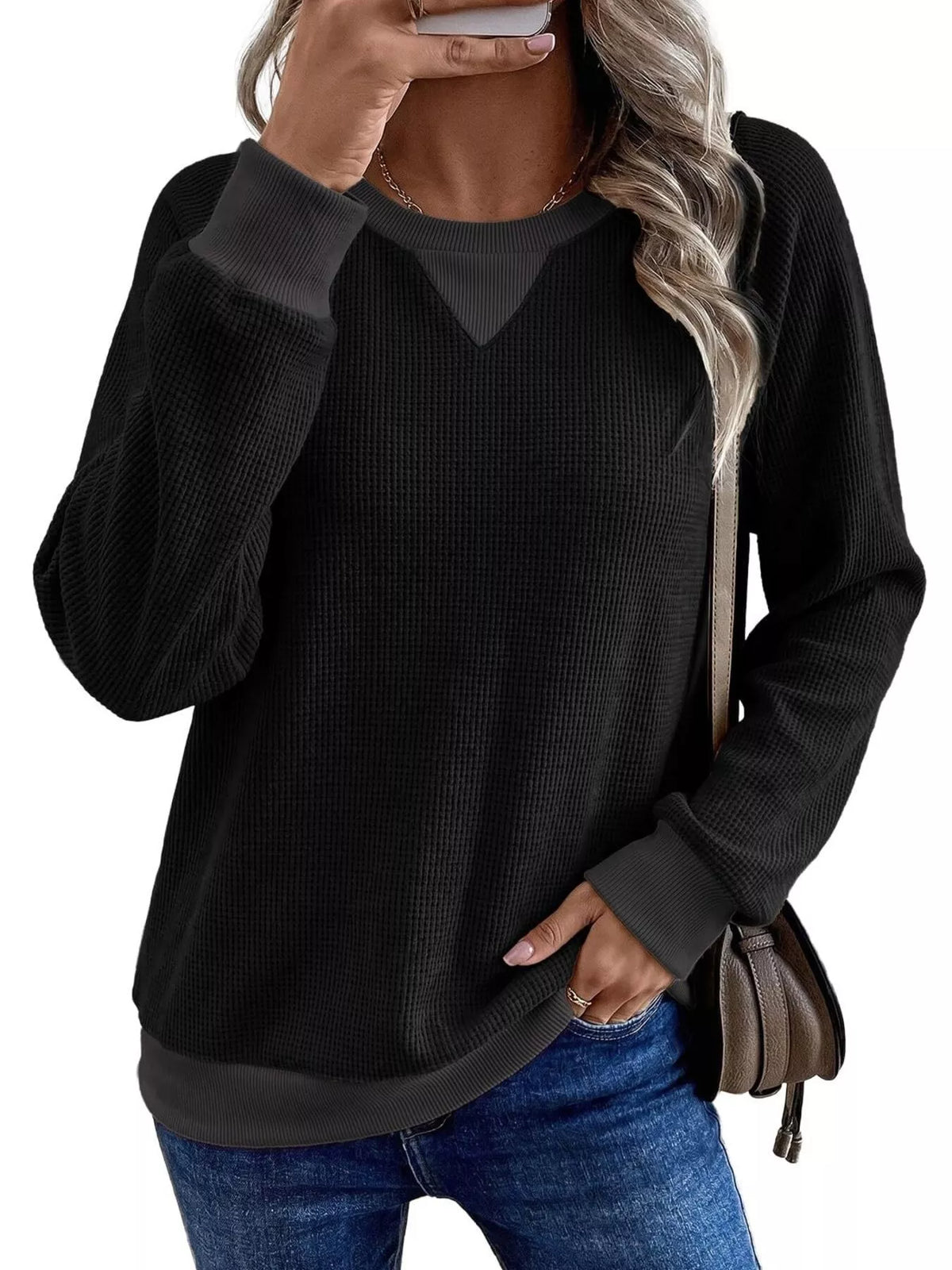 Trendsi Waffle Knit Crew Neck Long Sleeve Sweatshirt -