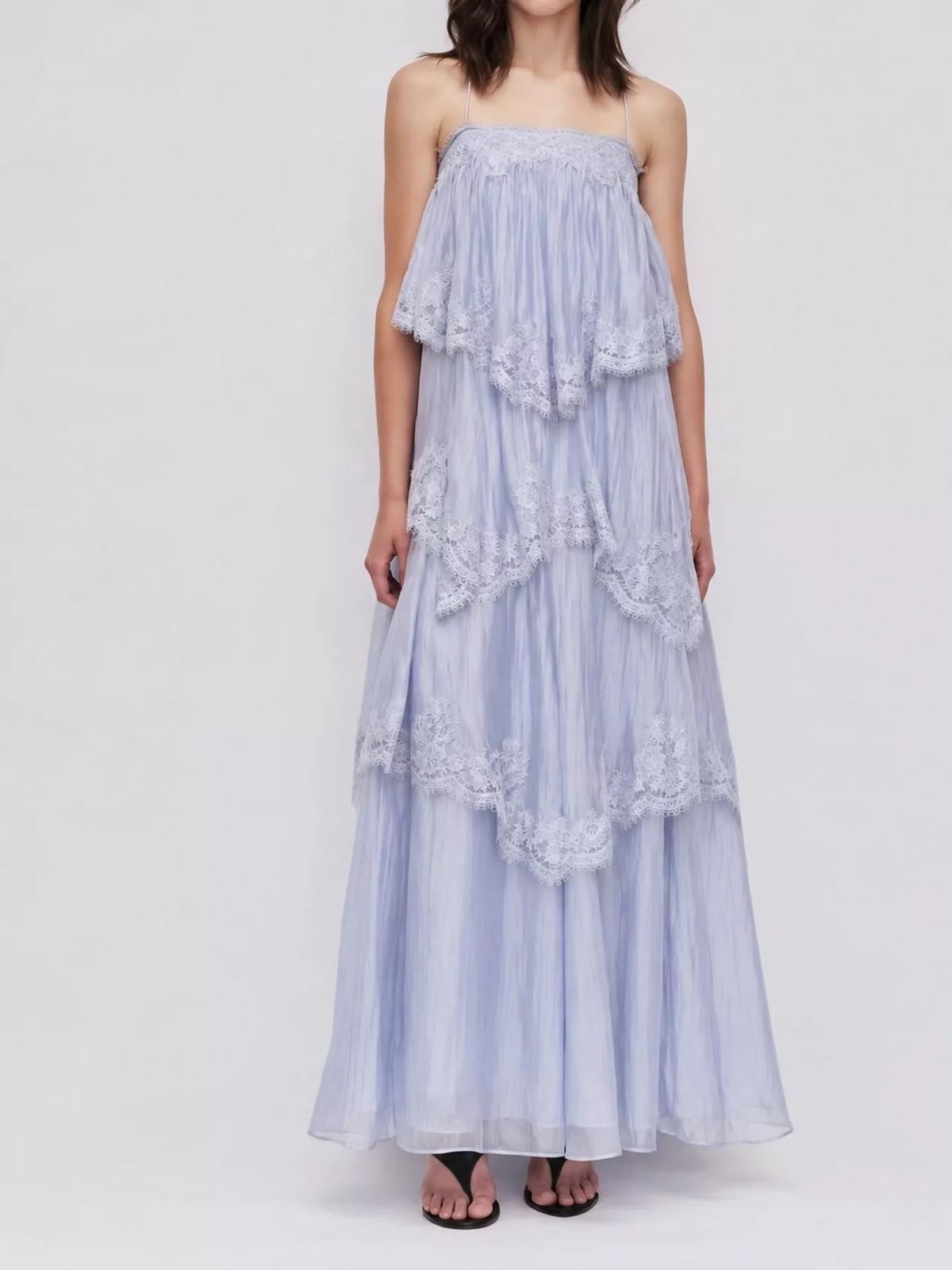 spaghetti-strap maxi dress, front view on model