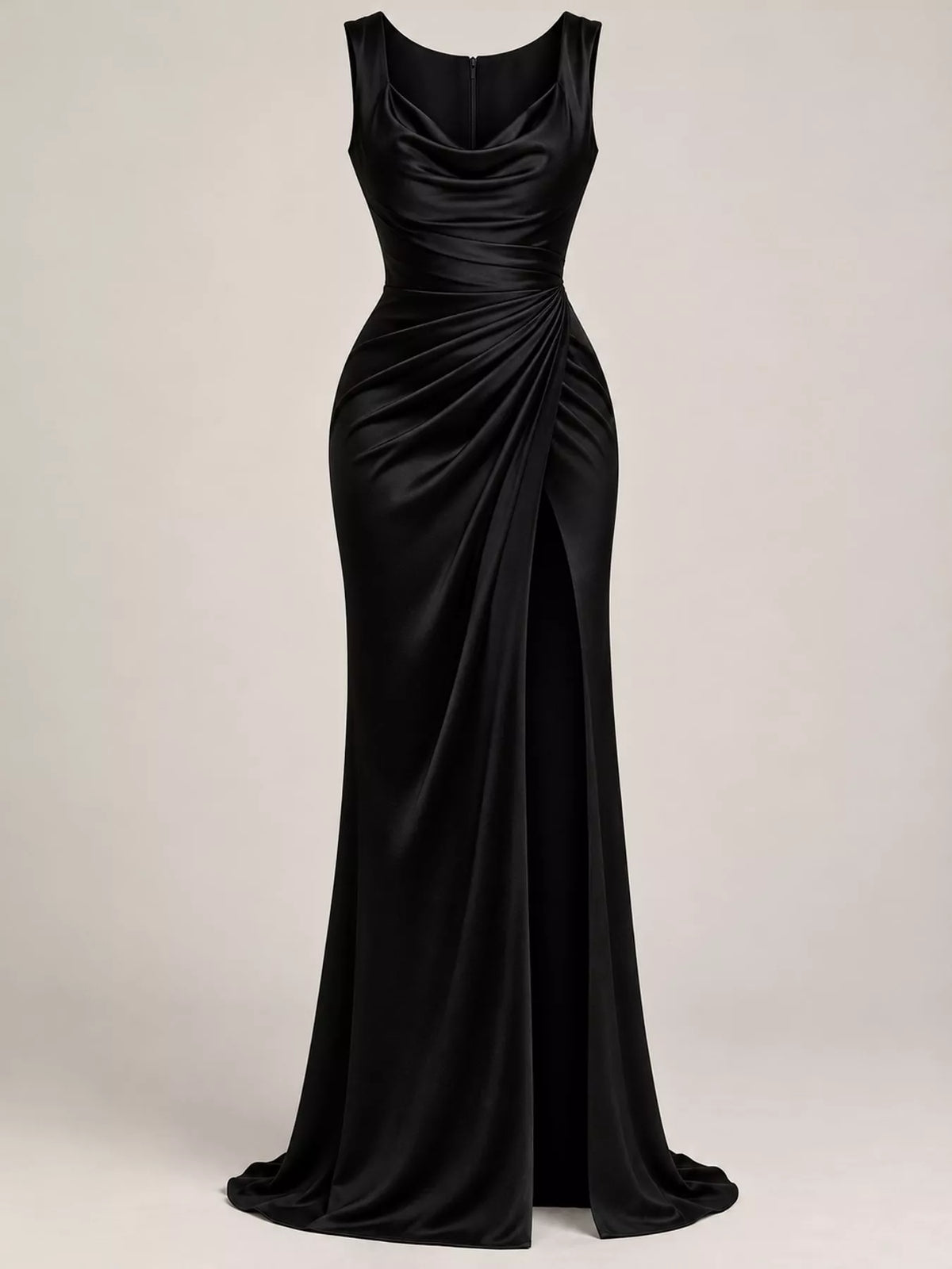 Black satin cowl neck high slit maxi dress, front view