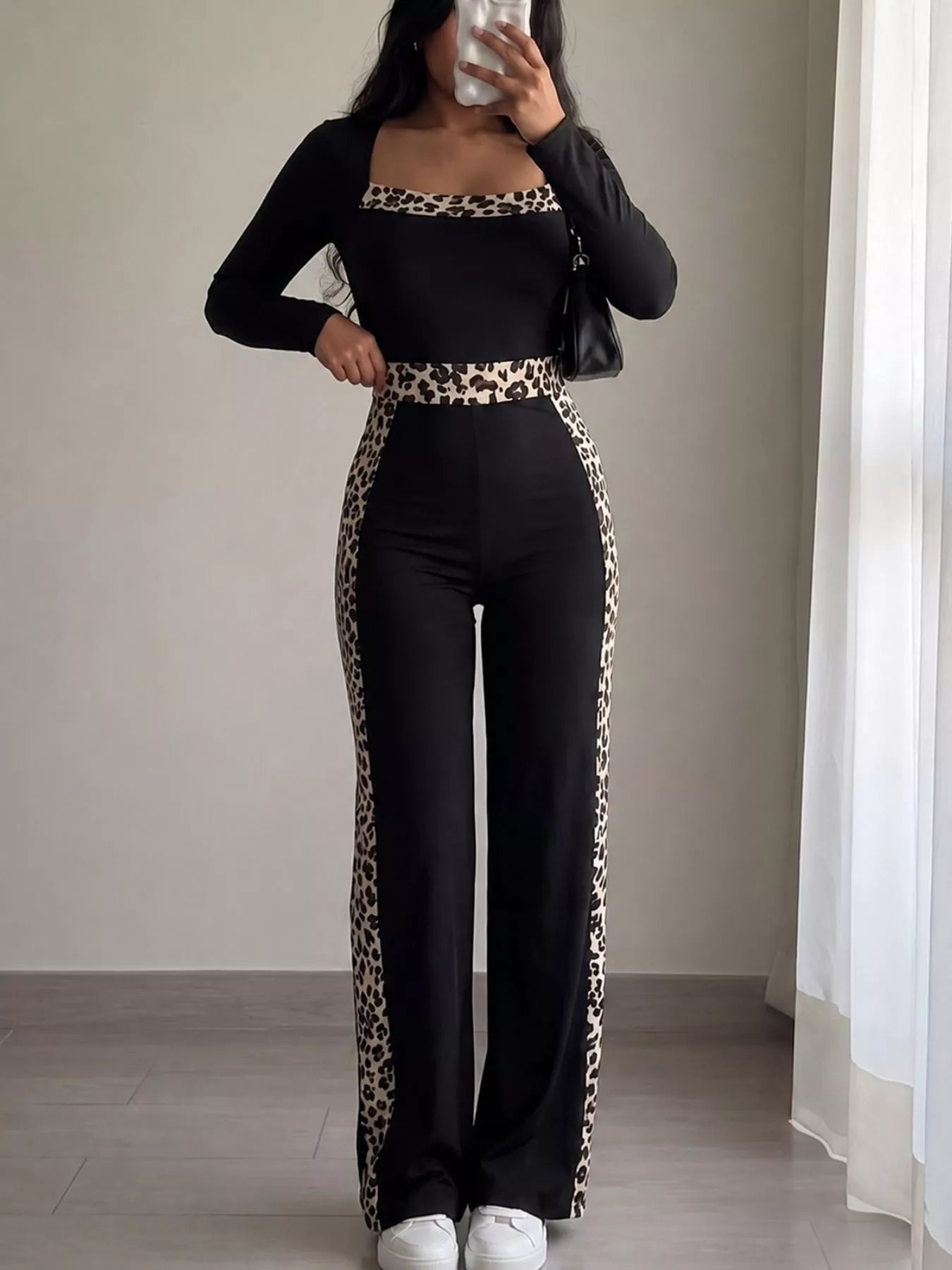 Trendsi Leopard Trim Long Sleeve Jumpsuit -