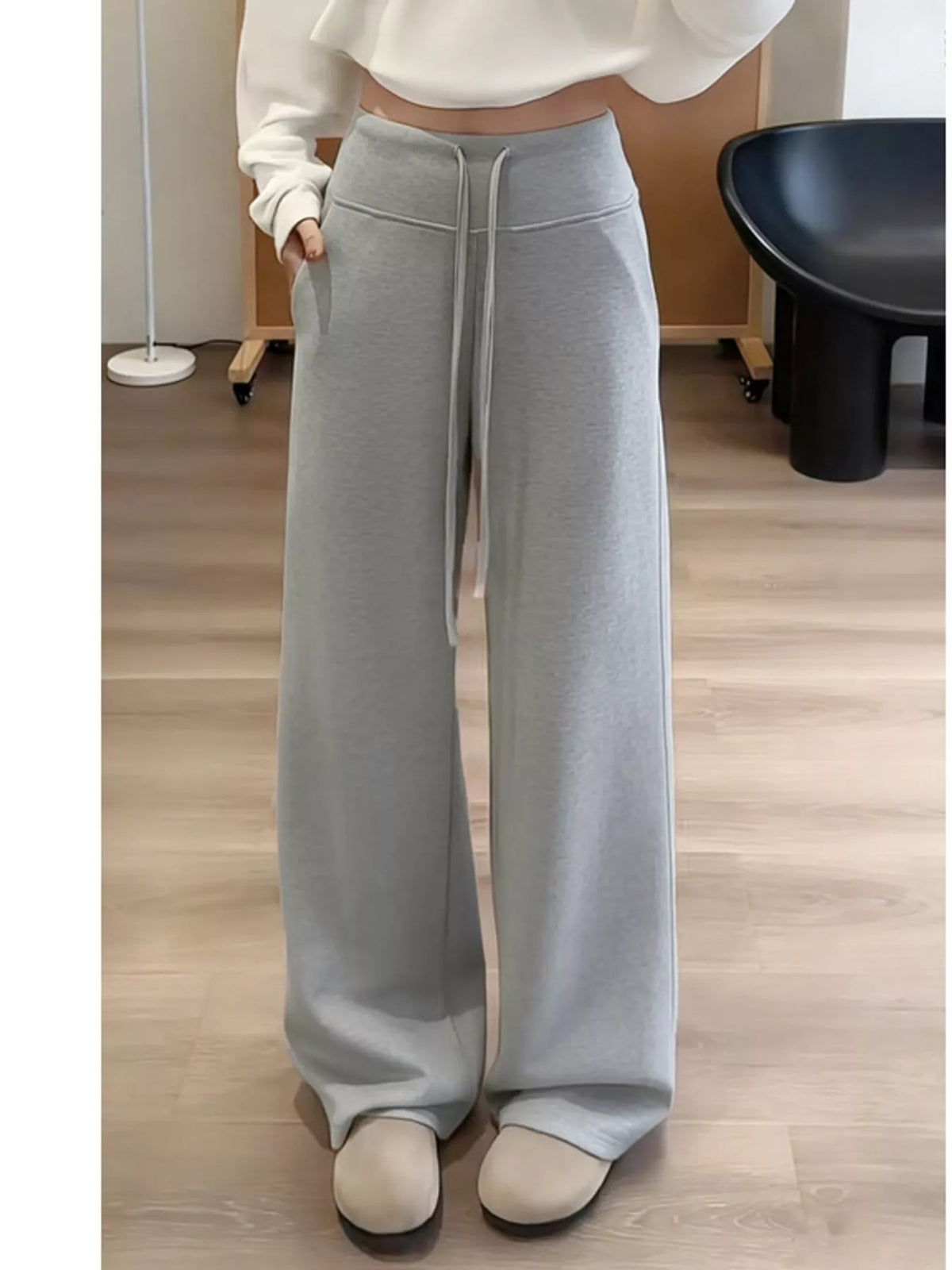 Gray drawstring wide-leg pants — front view