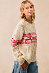 Trendsi BiBi Christmas Theme Patterned Cable Knit Sweater -