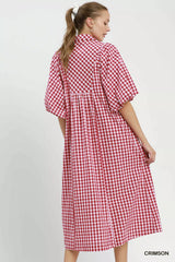 Trendsi Umgee Puff Sleeve Plaid Midi Dress - Dresses