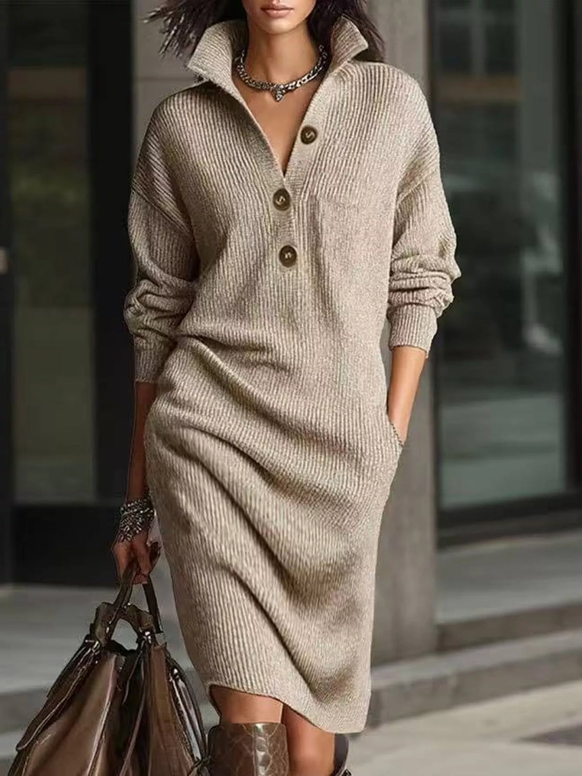 Collared long sleeve knee dress, front view on model
