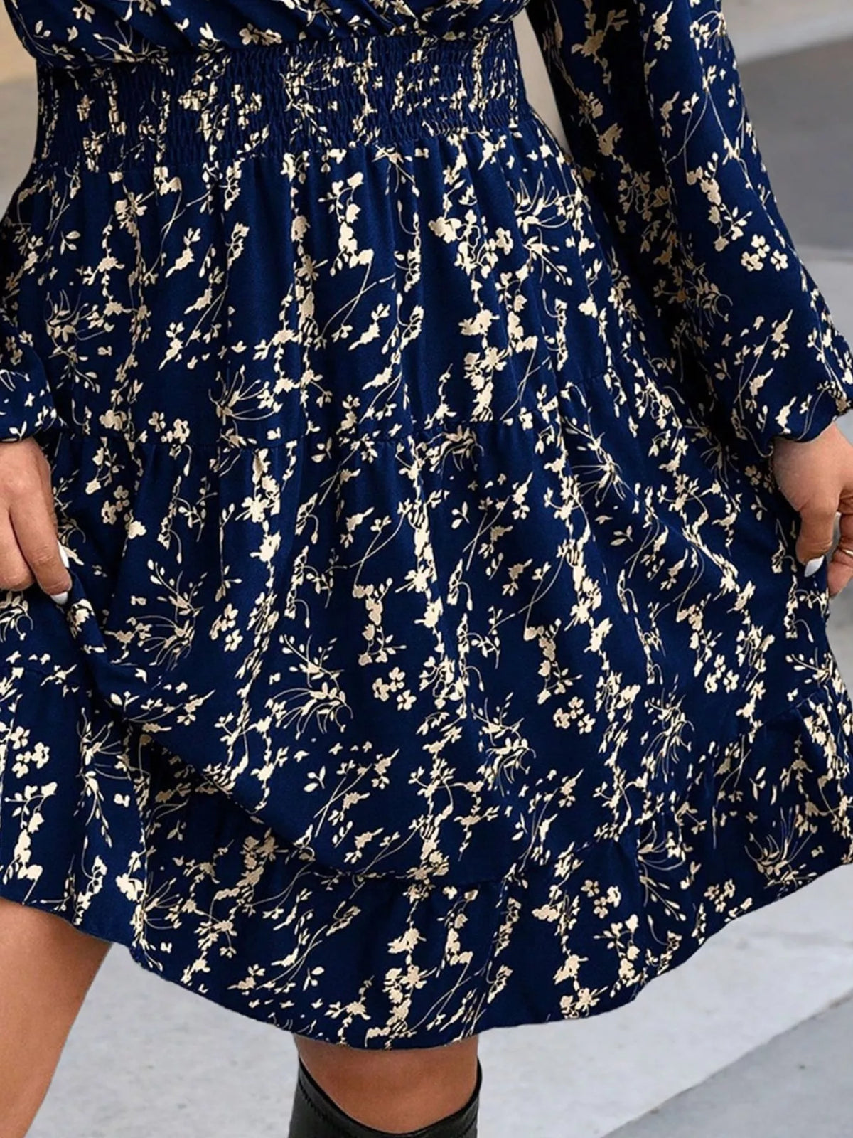 Floral Print Smocked Waist Mini Dress in navy, construction detail