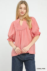 Trendsi Umgee Smocked Yoke Blouse with Ruffle Sleeves -