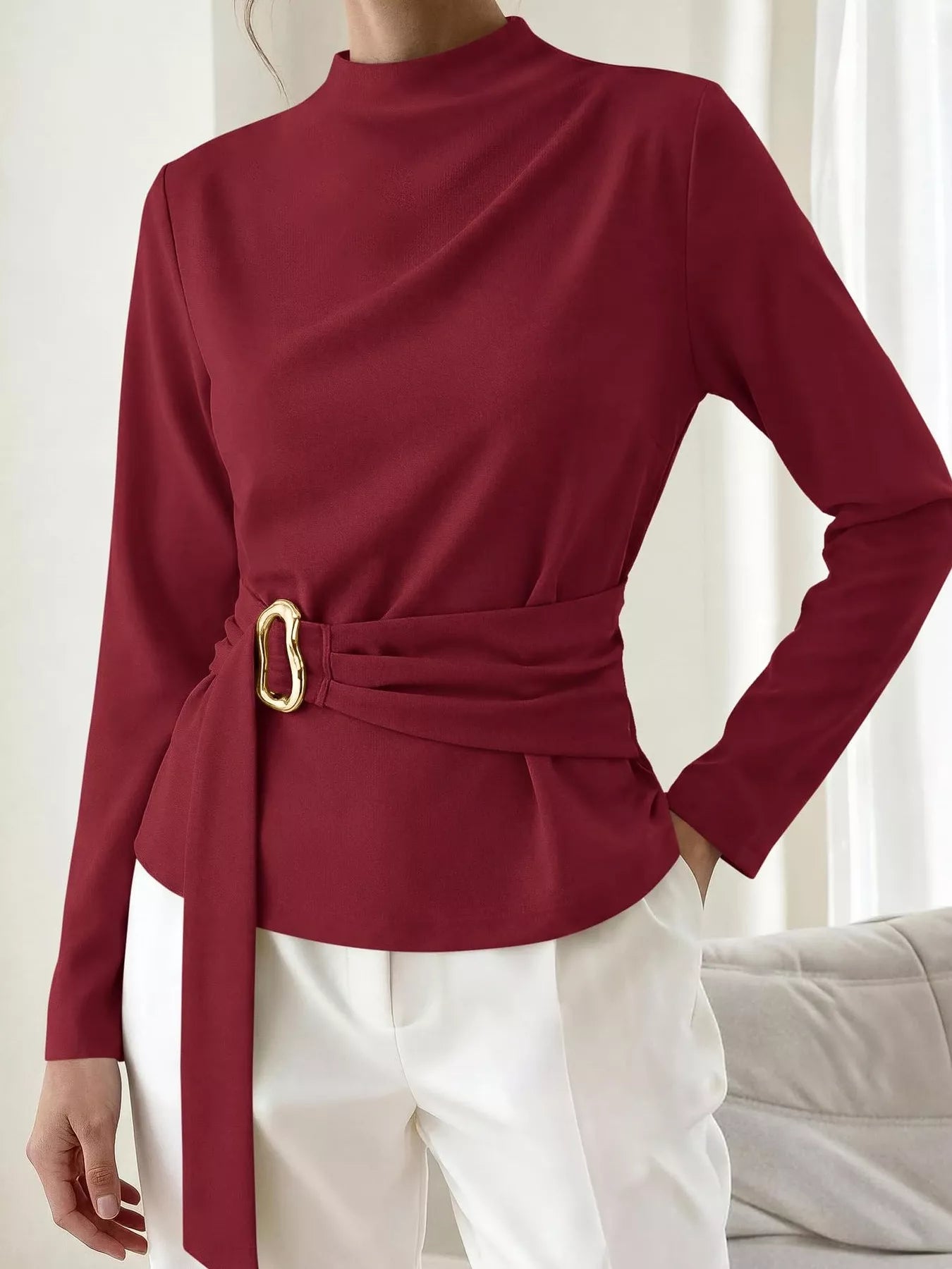 Trendsi Mock Neck Blouse with Waist-Defining Metal Buckle Detail -