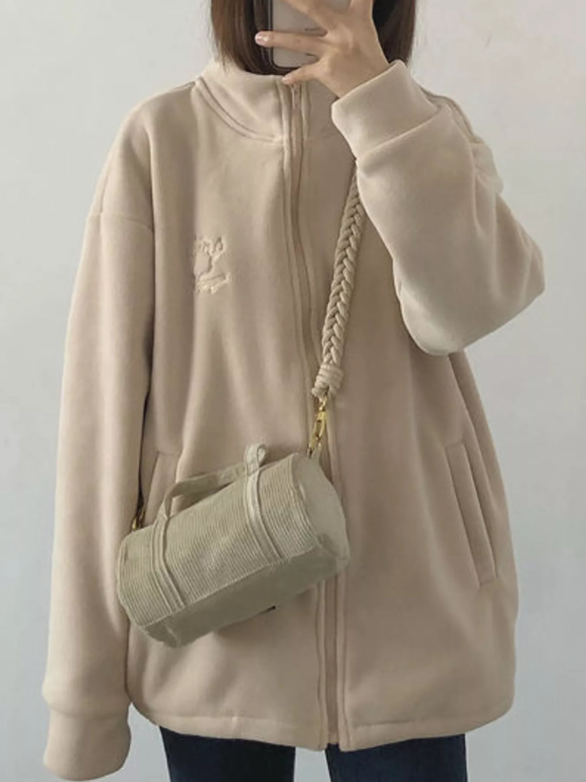 Apricot fleece stand-collar zip-up jacket