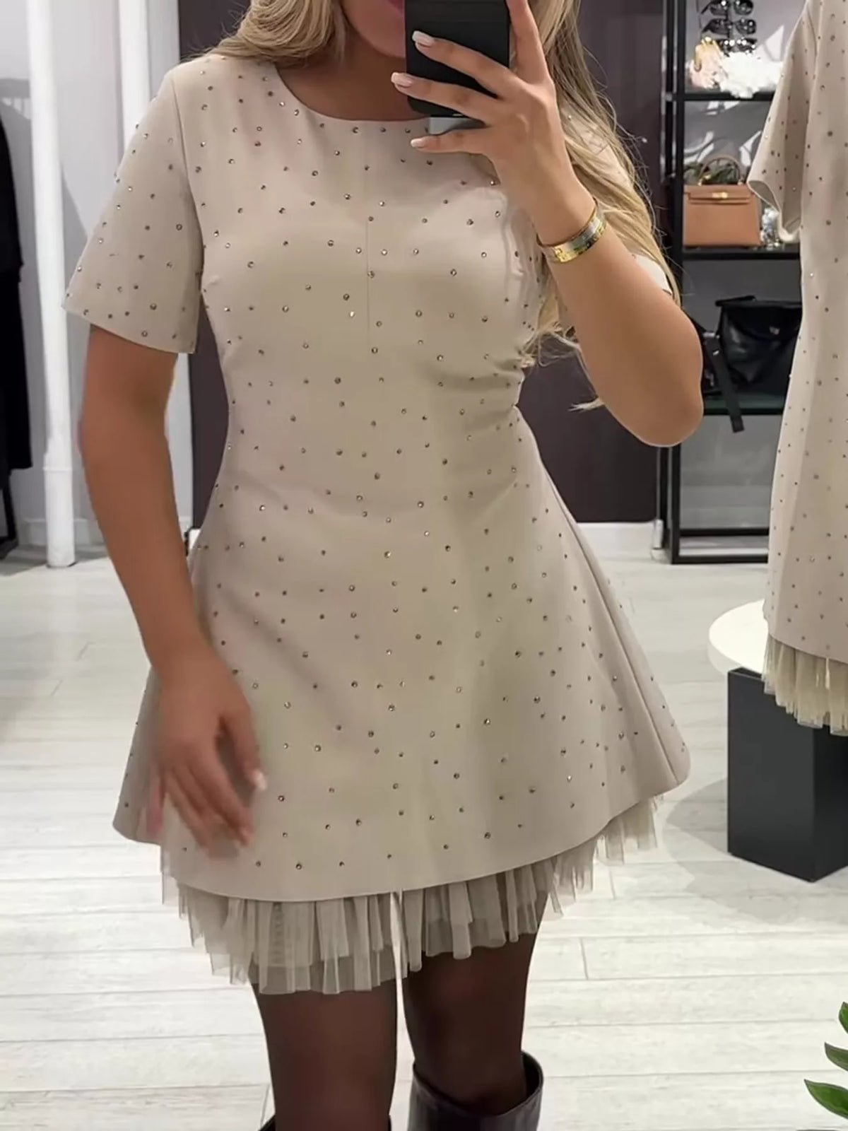 Beige rhinestone a line mini dress with tulle hem, front view