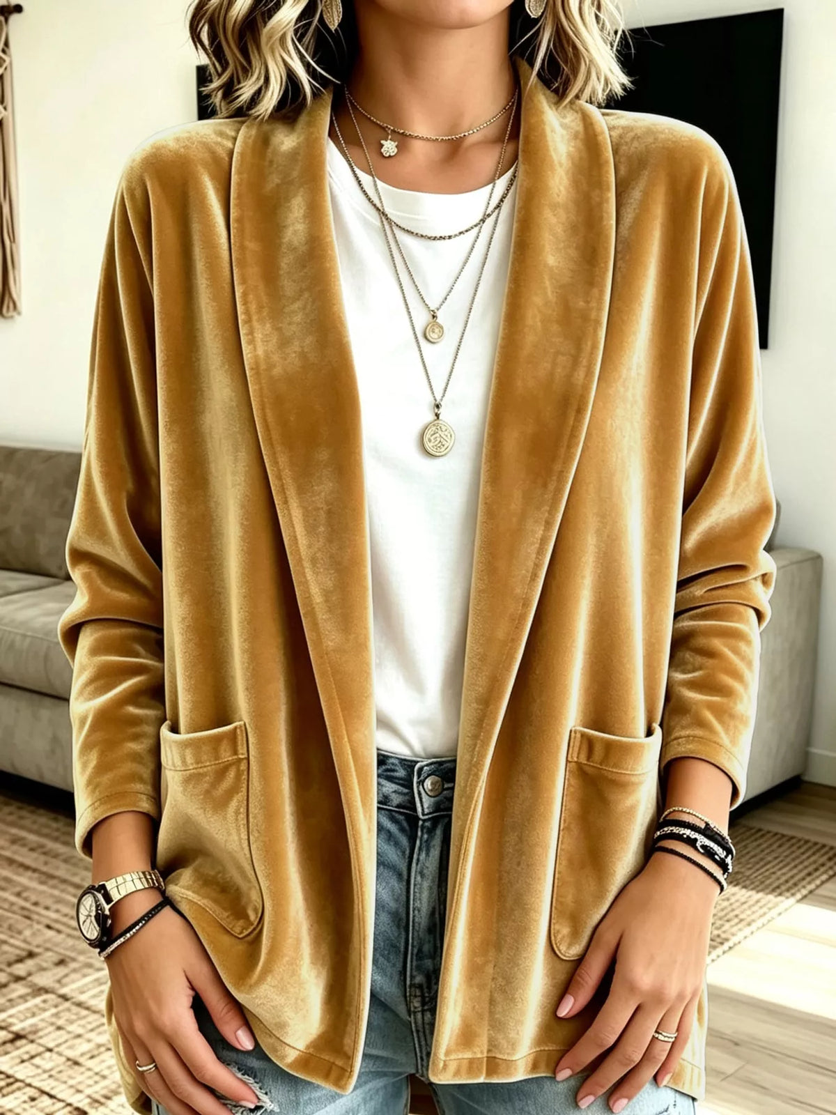 Women's Velvet Open-Front Cardigan in mustard — front view
