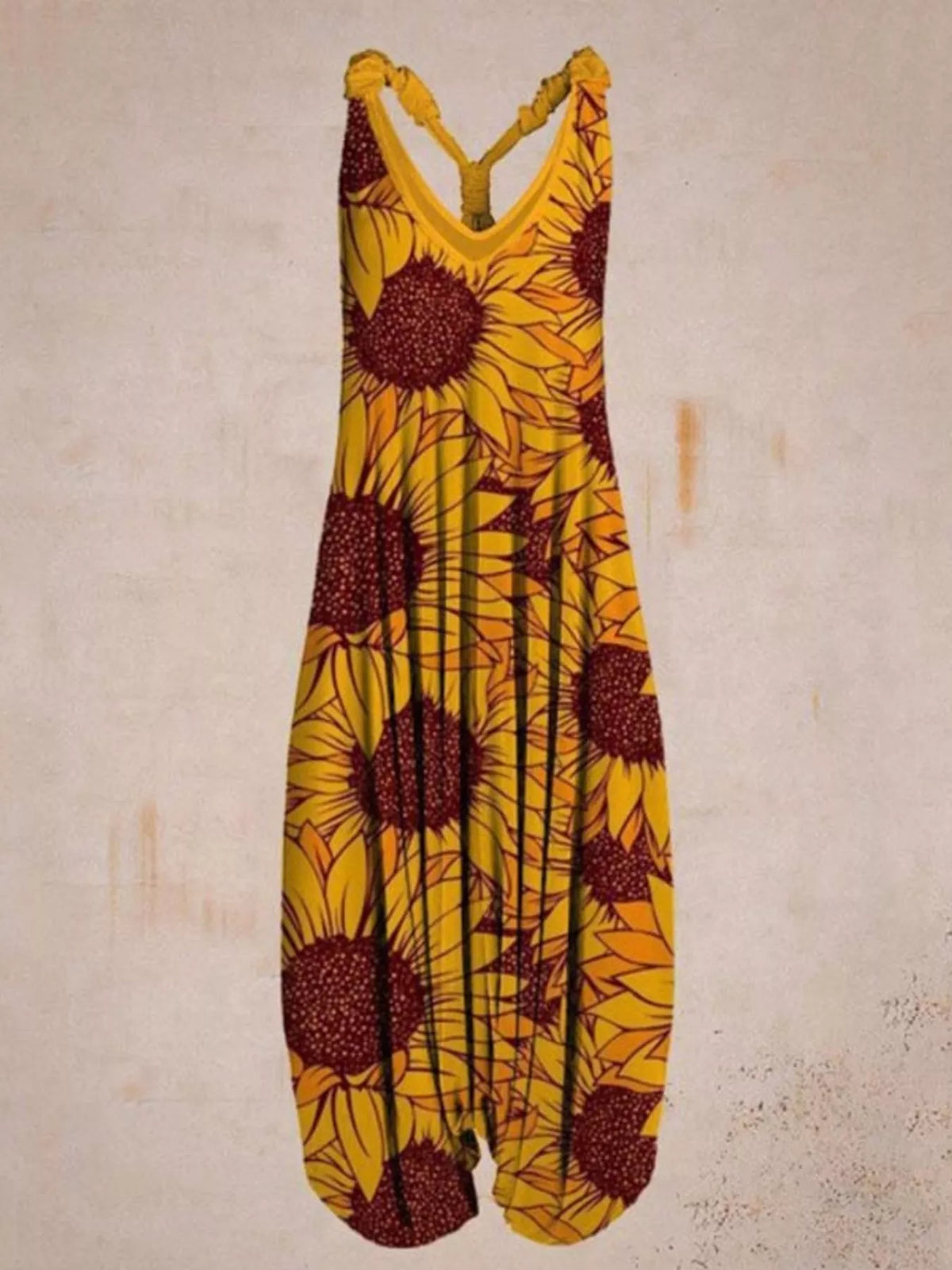 Yellow sunflower-print V-neck sleeveless jumpsuit