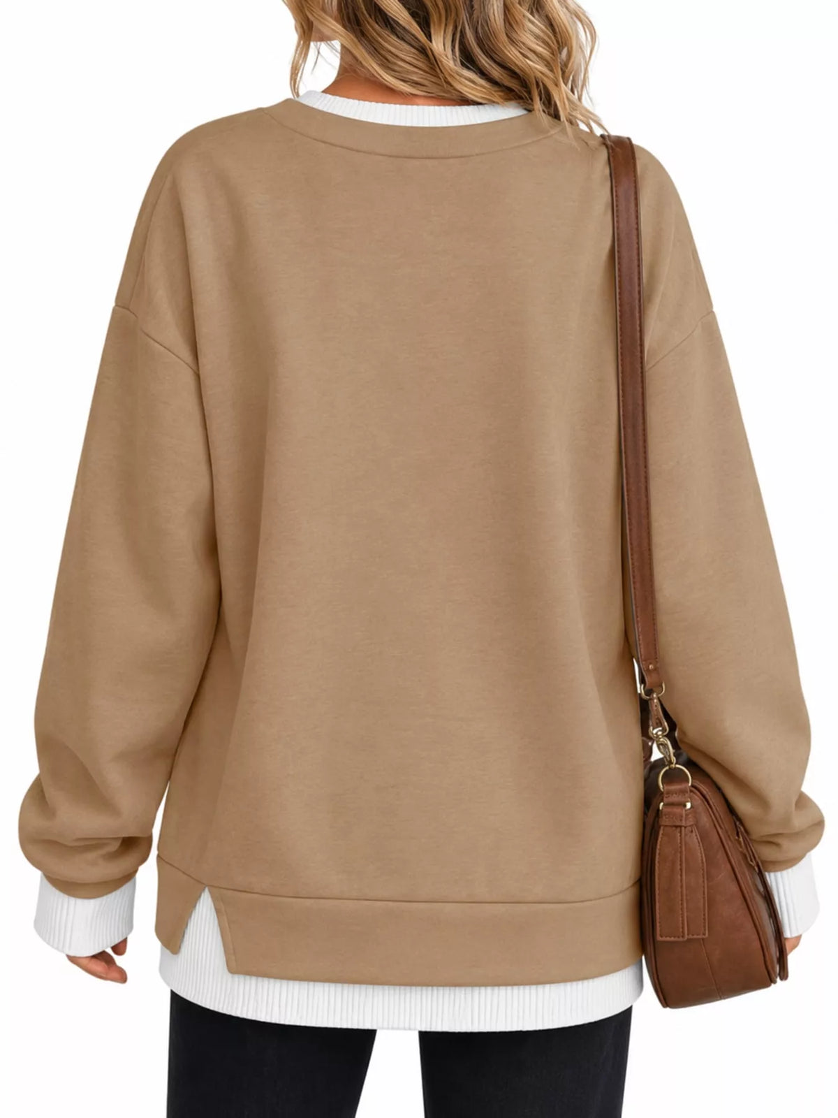 Layered Look Crew Neck Sweatshirt in brown, back view
