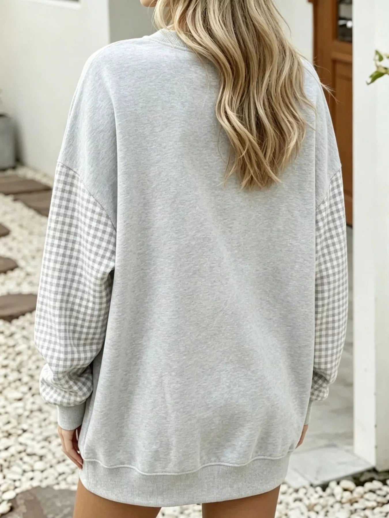 Trendsi Contrast Gingham Long Sleeve Sweatshirt -