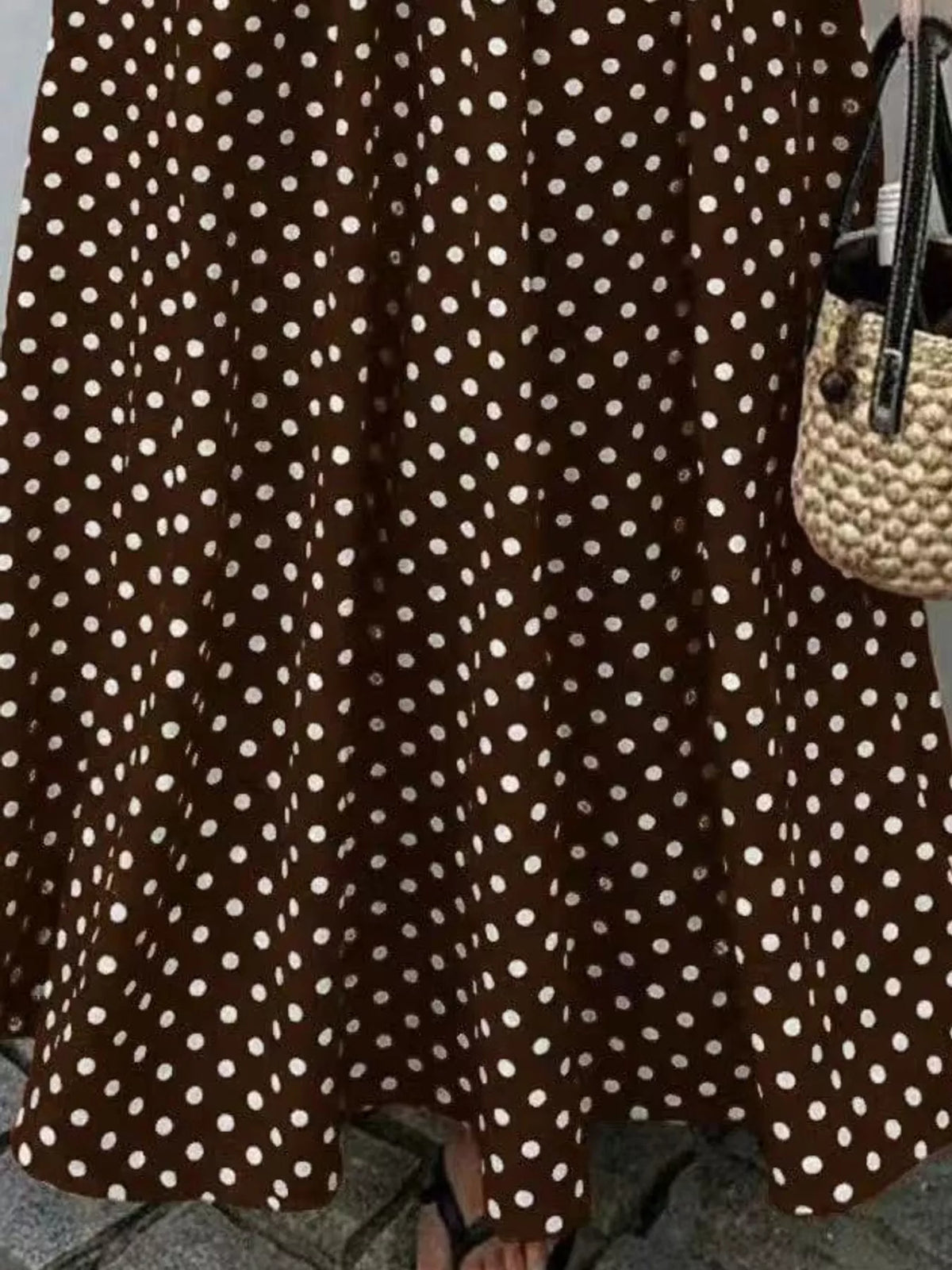 Women's Strapless Polka Dot Ruched Maxi Dress in brown dots — print detail view