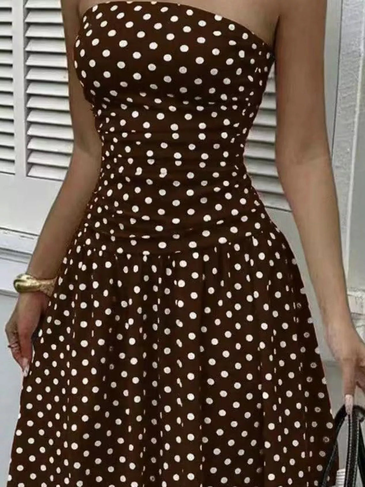 Women's Strapless Polka Dot Ruched Maxi Dress in brown dots — waist detail view