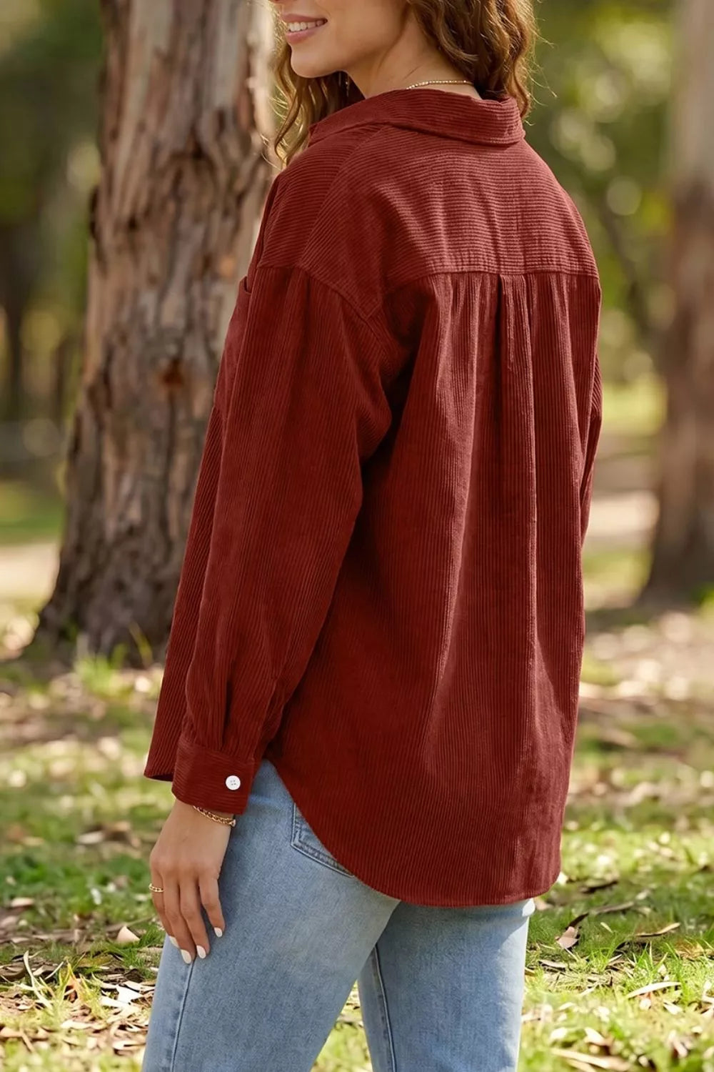 Rust corduroy button-down shirt, back and cuff view