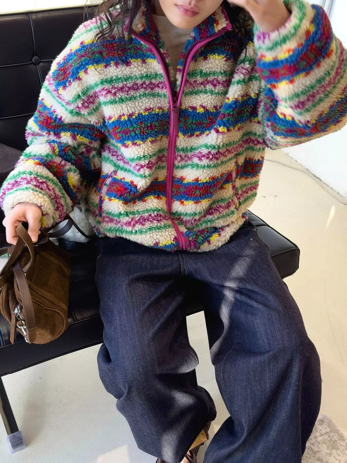 Multicolor colorful patterned sherpa zip up jacket, front view