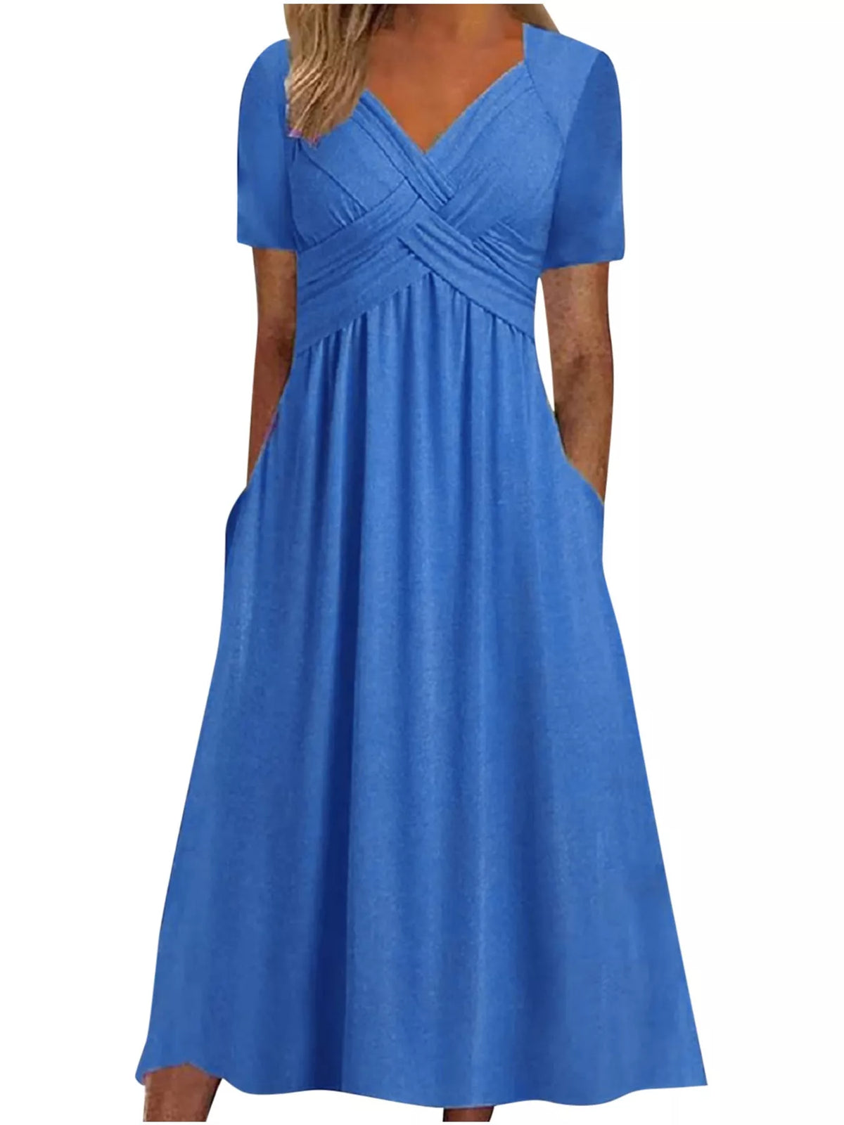 Blue crisscross short sleeve midi dress, front view