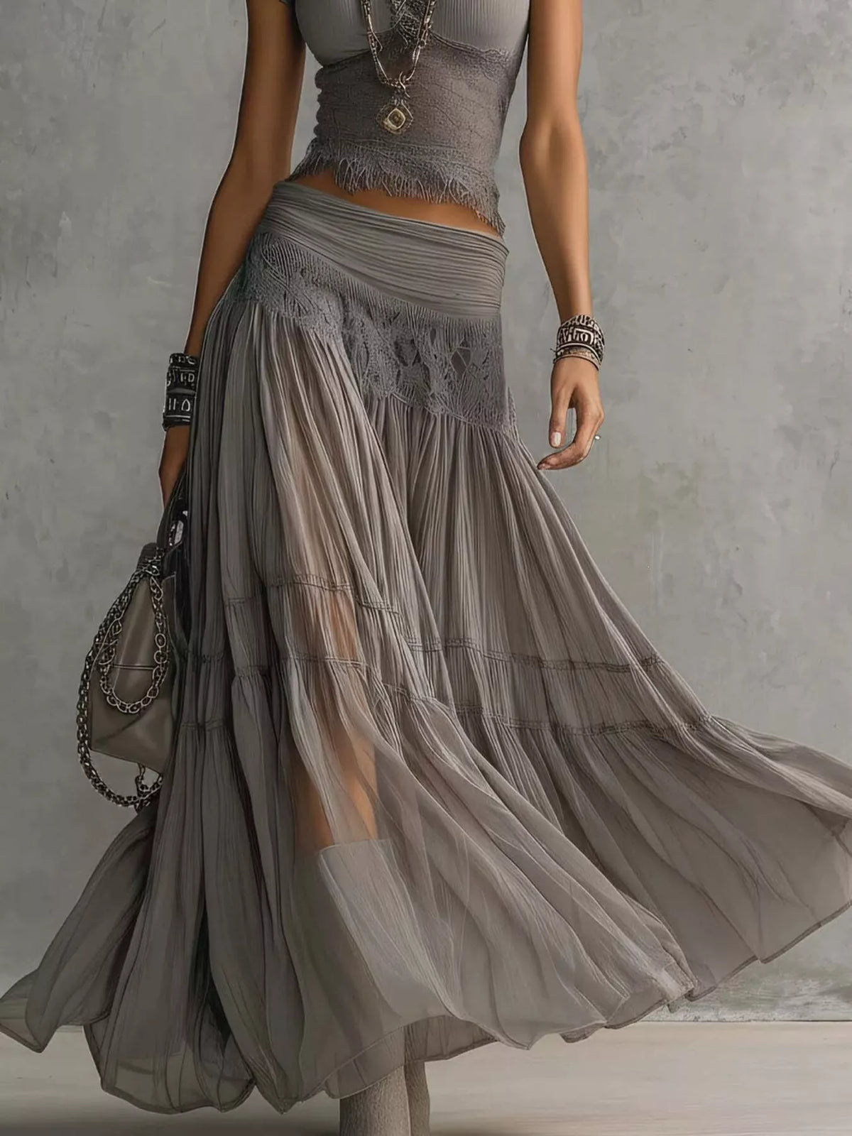 Trendsi Lace Slim Fit Top and Maxi Skirt Set -