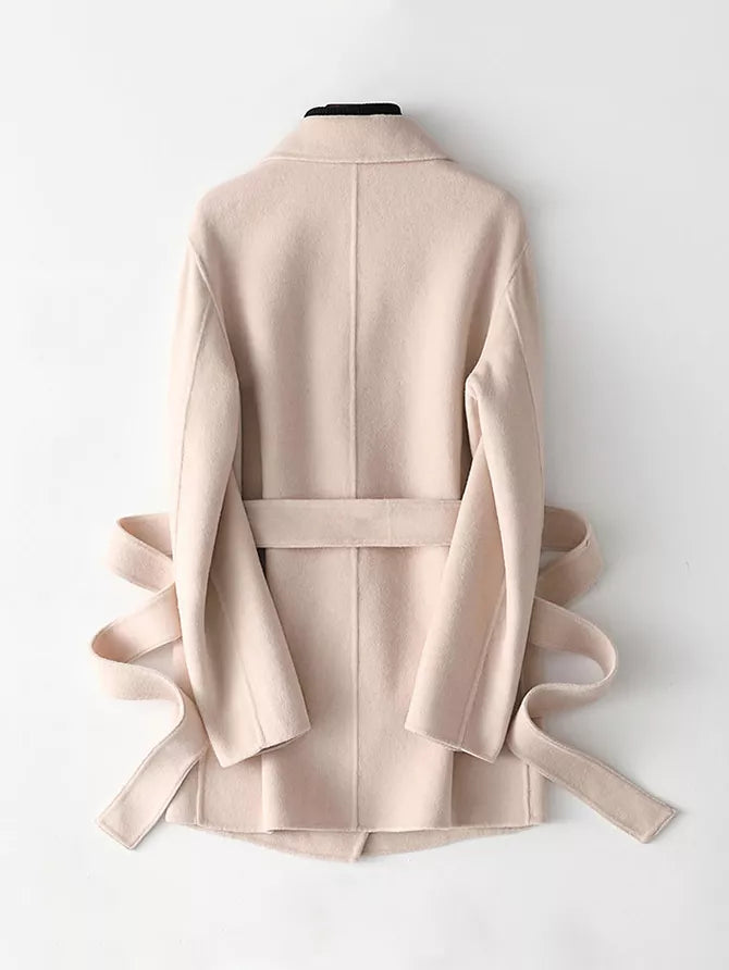 Cream belted double-sided wool coat, back view