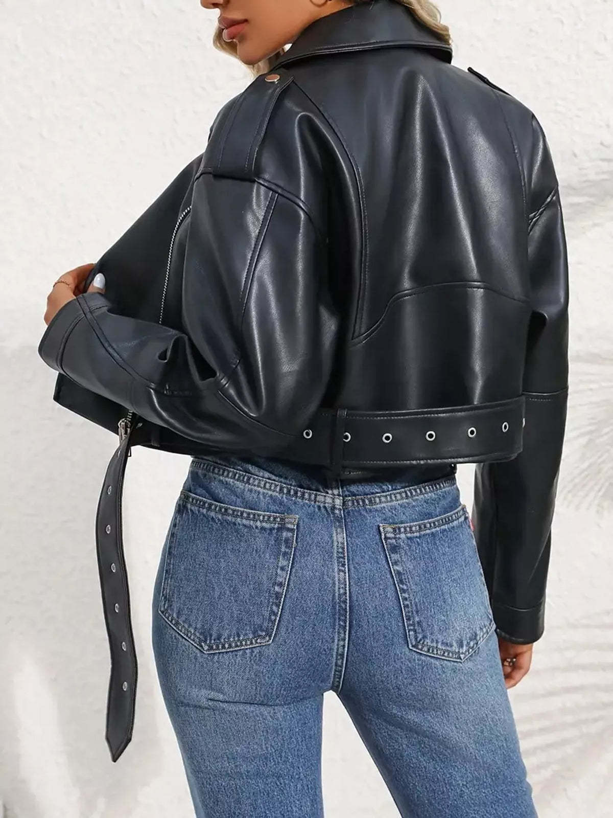 Faux Leather Zip Up Jacket in black, back view