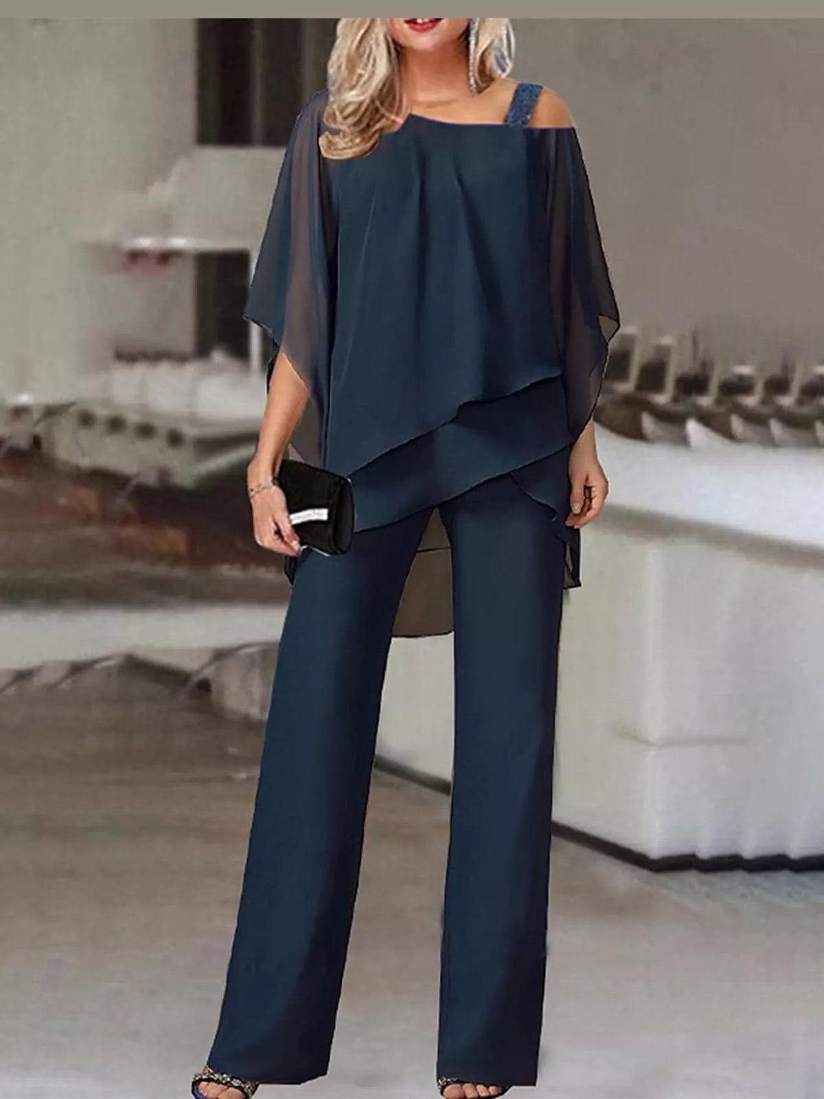 Cold-Shoulder Layered Top and Wide-Leg Pants Set — front view
