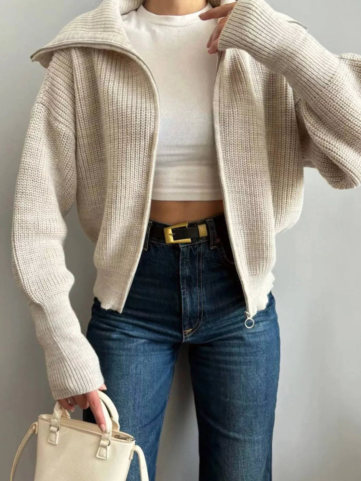 Trendsi Zip Up Dropped Shoulder Cardigan -