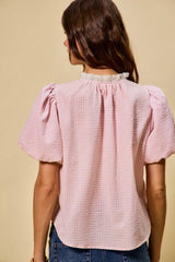 Trendsi SO ME Gingham Lace Trim Button Bubble Sleeves Blouse -