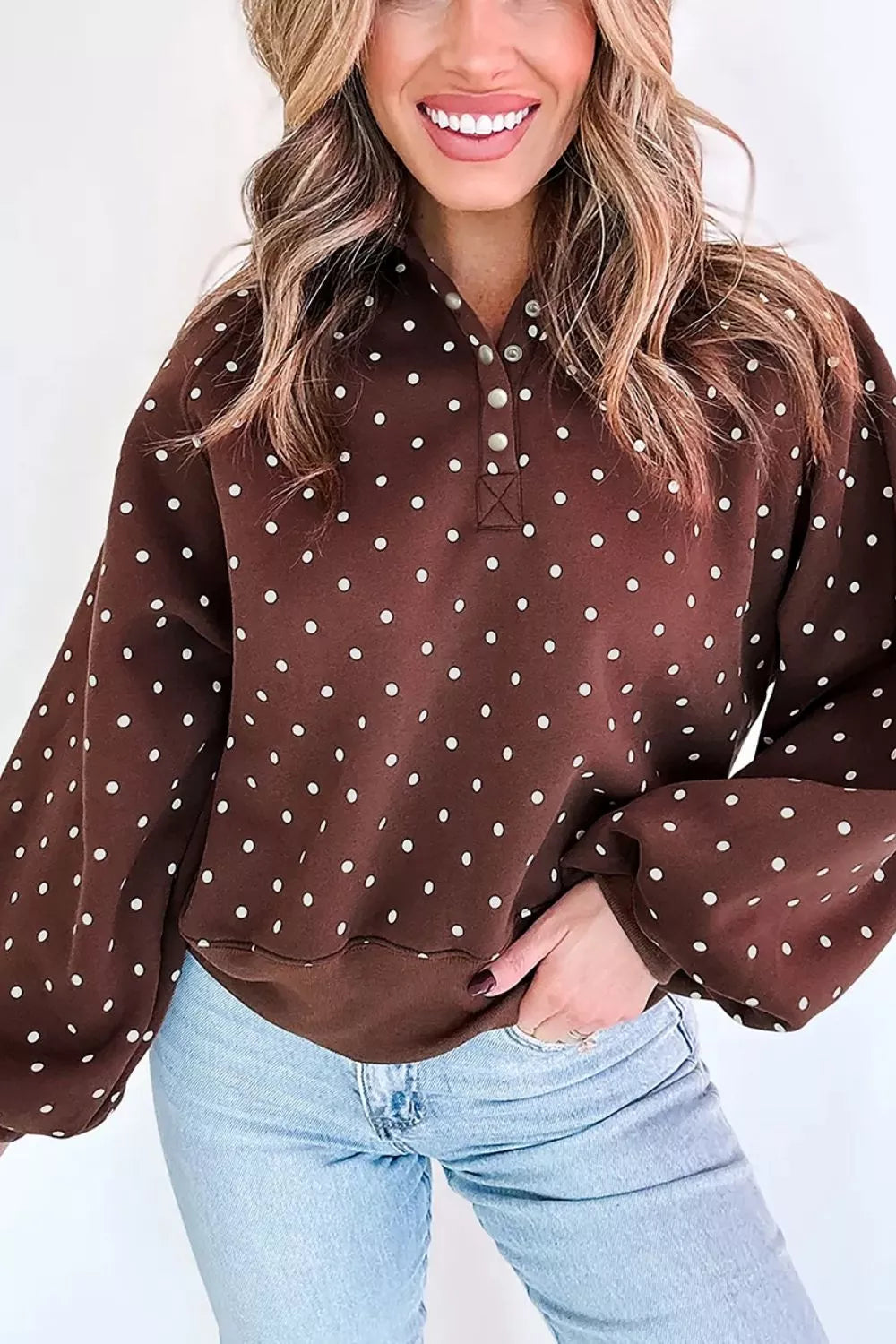 Trendsi Polka Dot Print Metal Button Collar Casual Pullover Sweatshirt - Shirts
