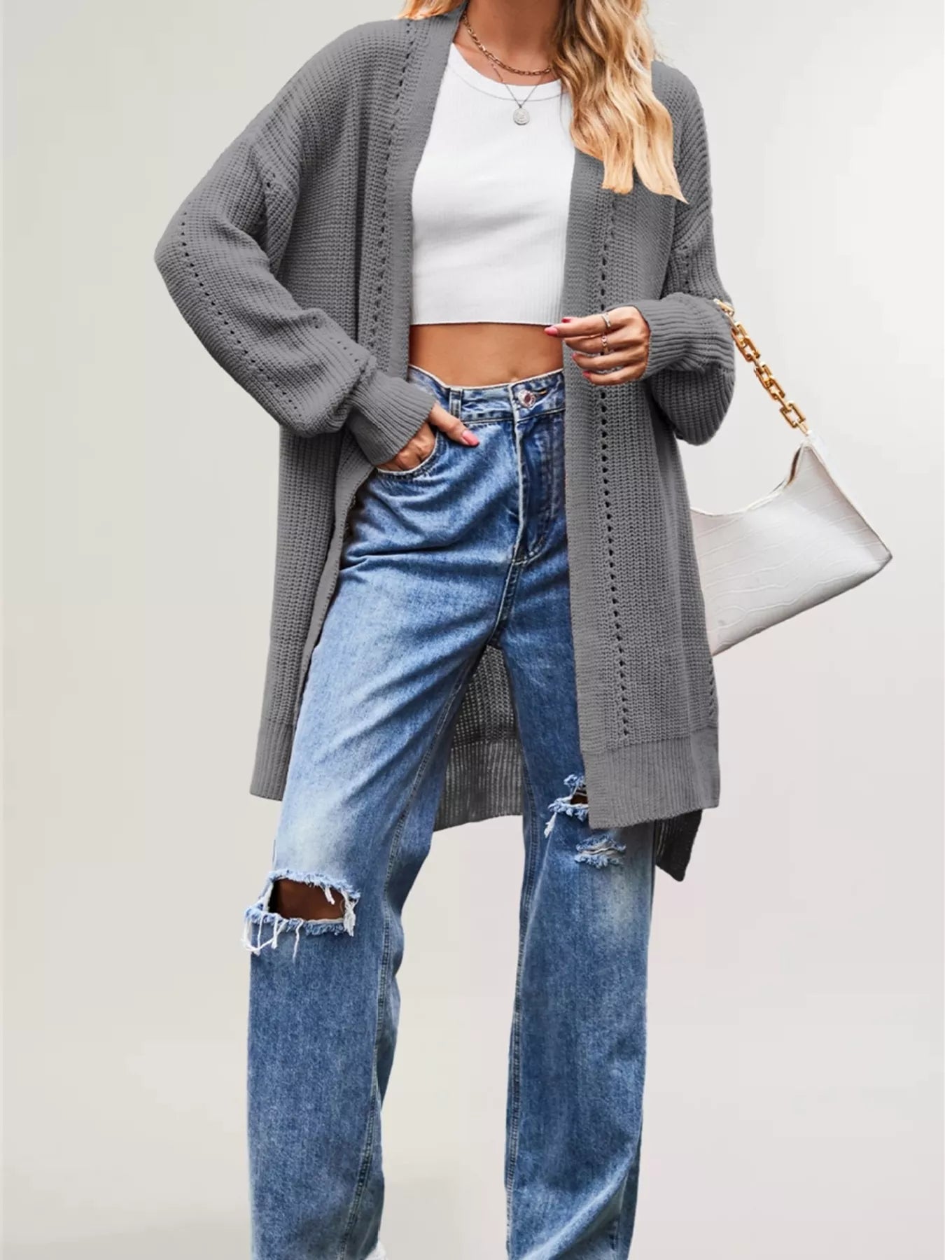 Trendsi Open Front Openwork Knit Longline Cardigan -