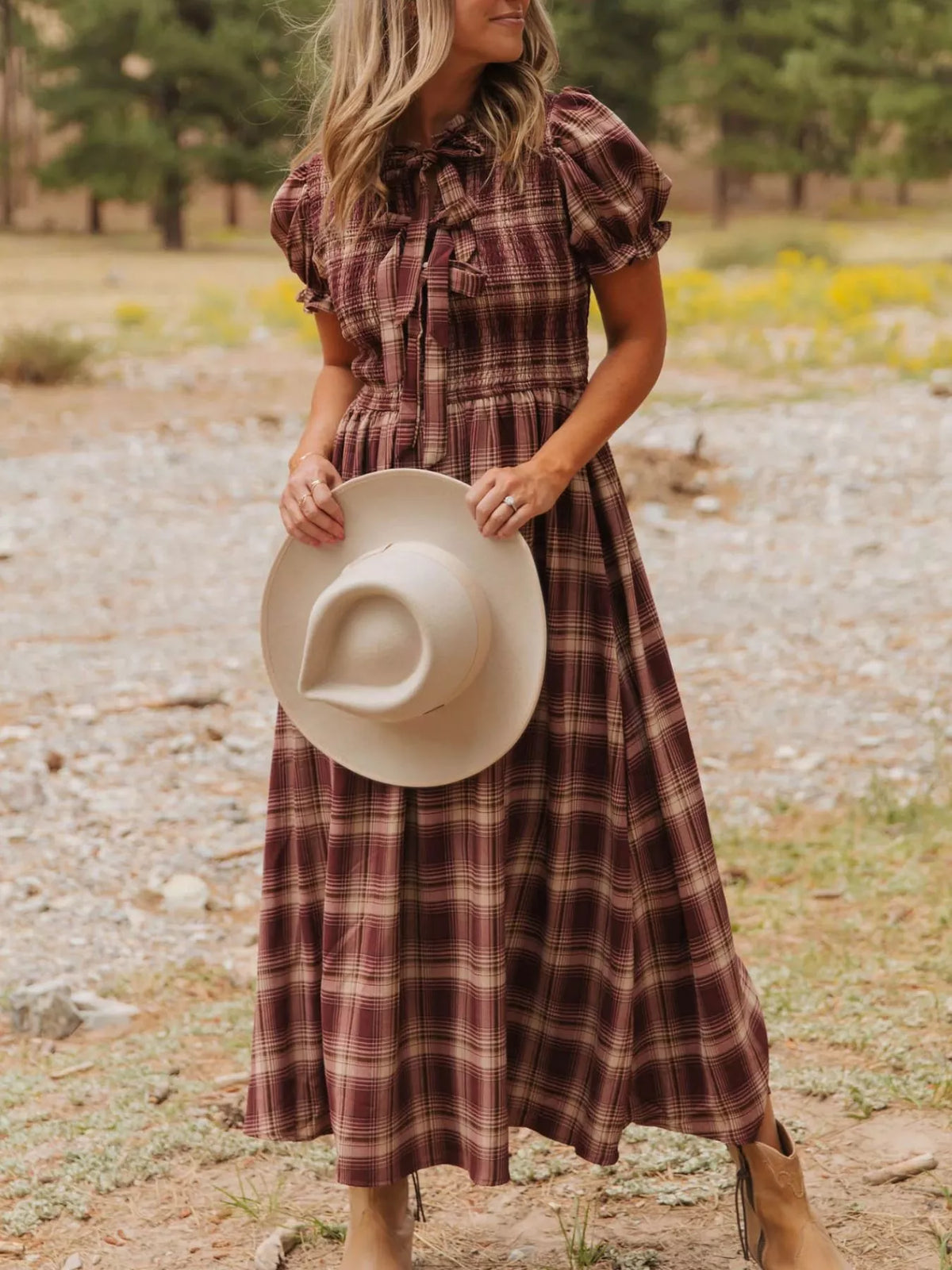 Plaid smocked dress, brown plaid front