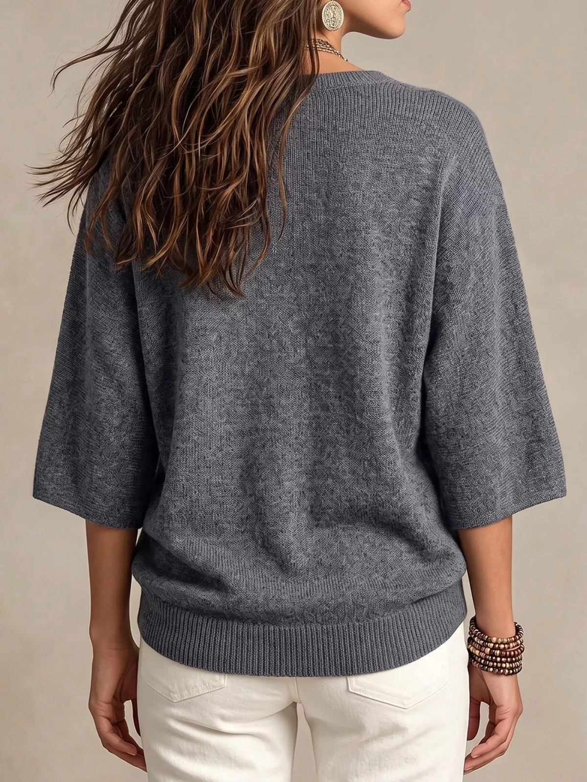 Women's Round Neck 3/4 Sleeve Knit Top in Green, front view