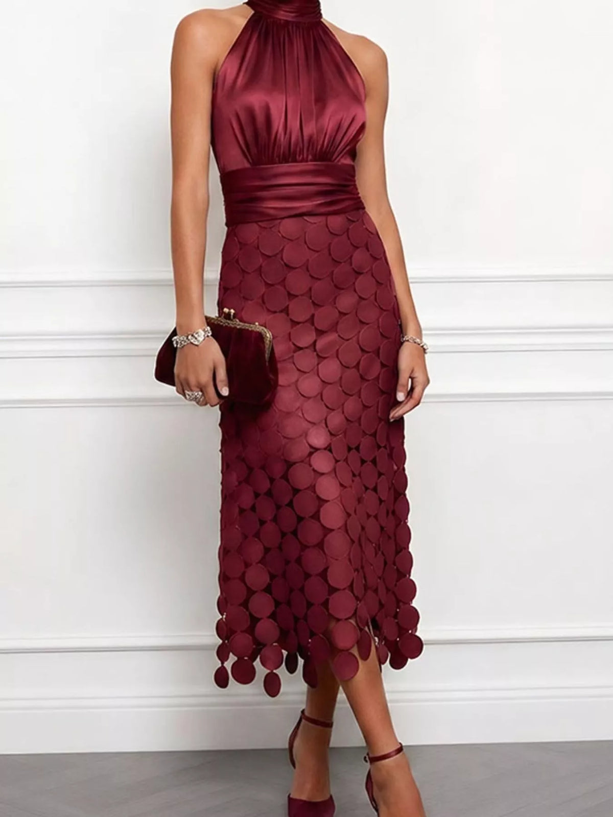 Circular Applique Sleeveless Midi Dress — front view